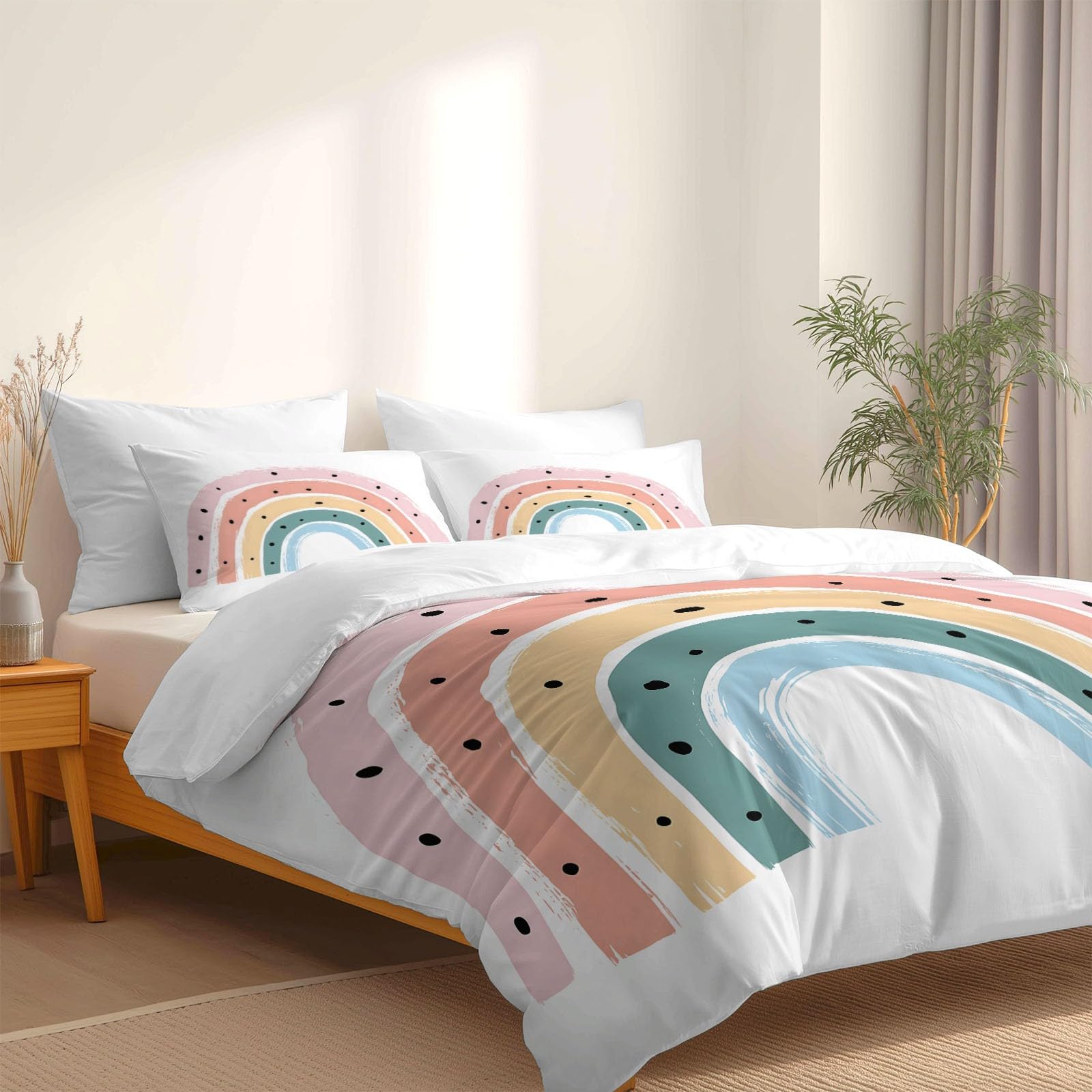 Schlicht Regenbogen Geometrische Textur 3-teiliges Bettwäsche-Set, 1 Bettbezug 180 x 200 cm und 2 Kissenbezüge 80 x 80 cm,aus bügelfreier Mikrofaser Weiß