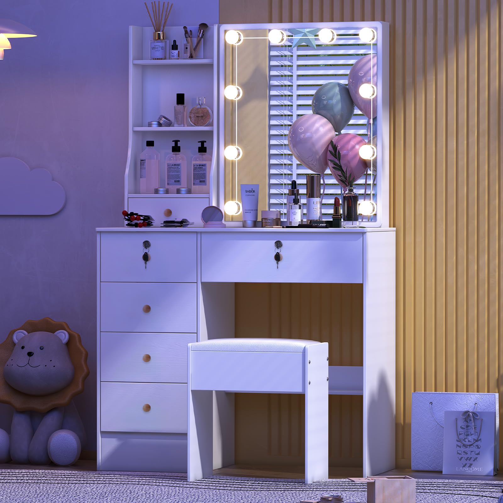 Toeletta con Specchio Luminoso e Sgabello, Scrivania da Trucco con 6 Cassetti e 6 Ripiani, Luci LED Dimmerabili, Bianco,36×80×131 cm H05901