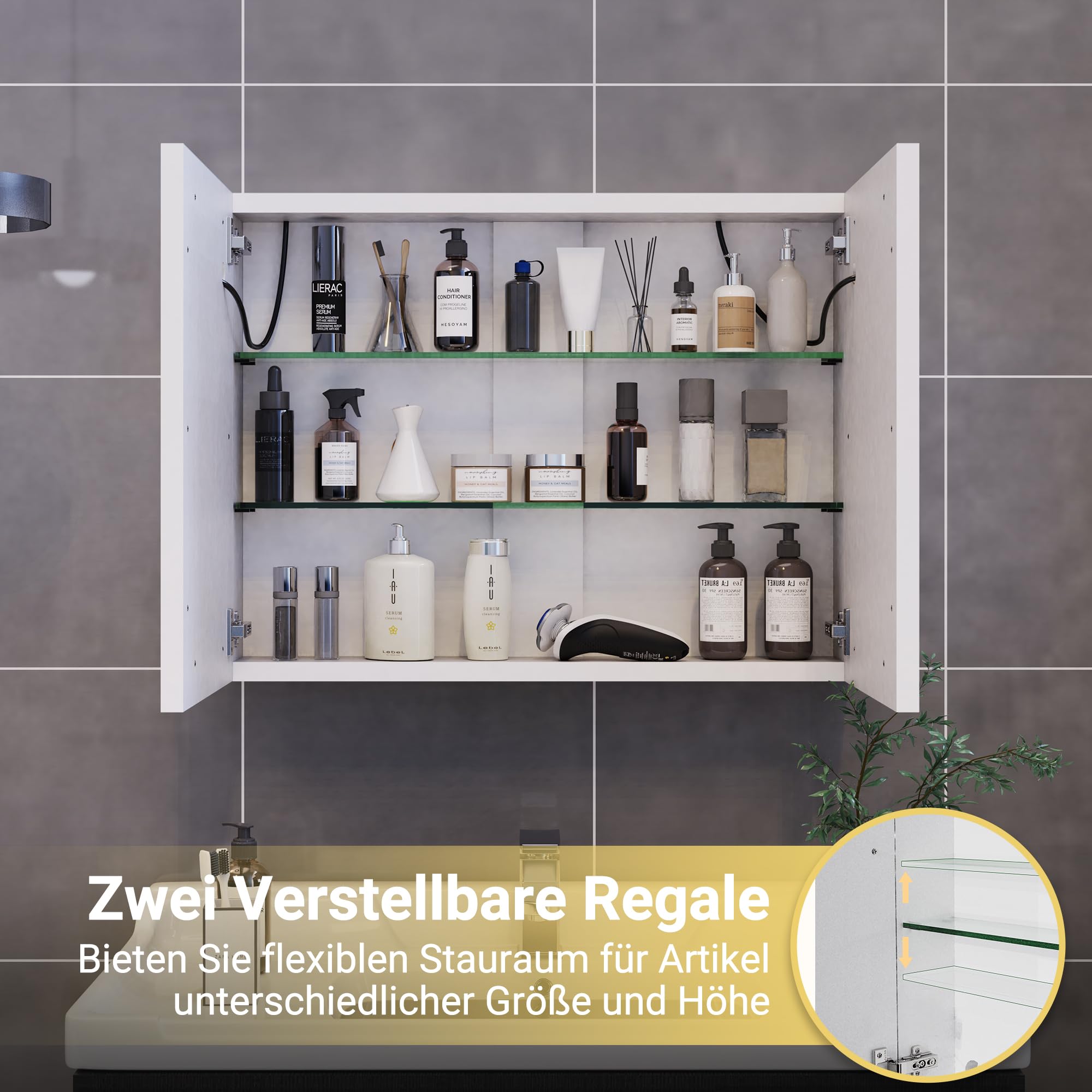 Specchio bagno contenitore con luce, 80 x 13,5 x 60 cm, Mobiletto Specchio Bagno Sospeso con 2 Ante, ripiano regolabile, luminosità regolabile, armadietto specchio bagno (bianco, 80 x 60 cm)