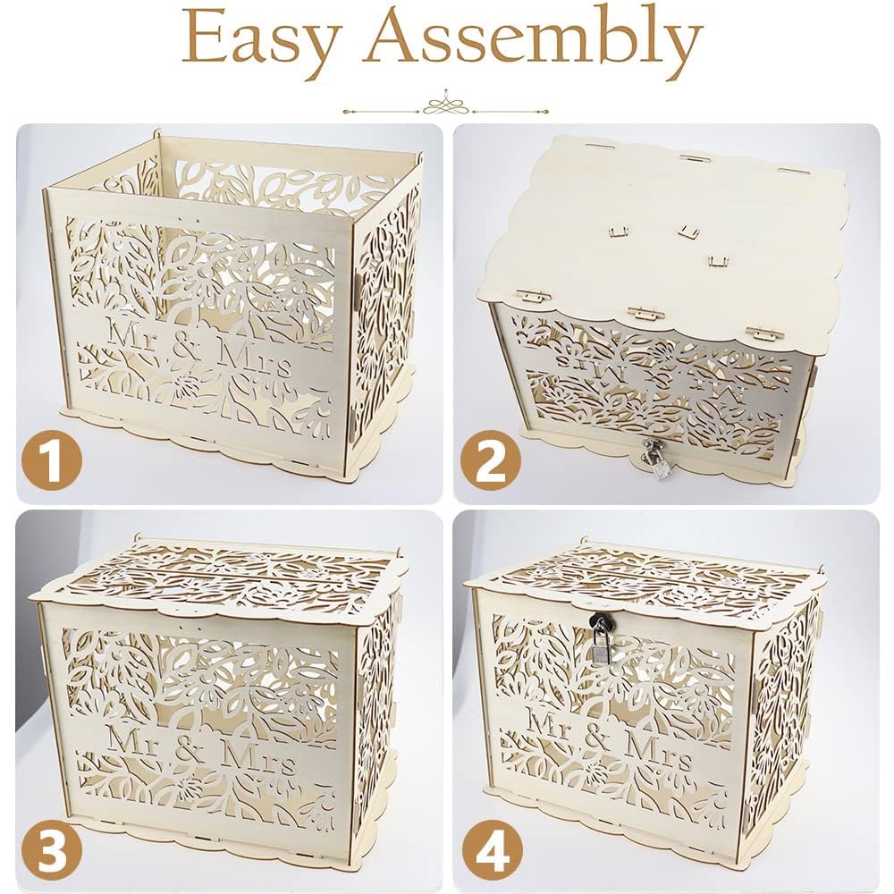 Grande scatola in legno per biglietti di nozze con fessura e lucchetto | Scatola porta soldi | Scatola porta desideri | Scatola porta biglietti per ricevimenti di nozze | Scatola in legno