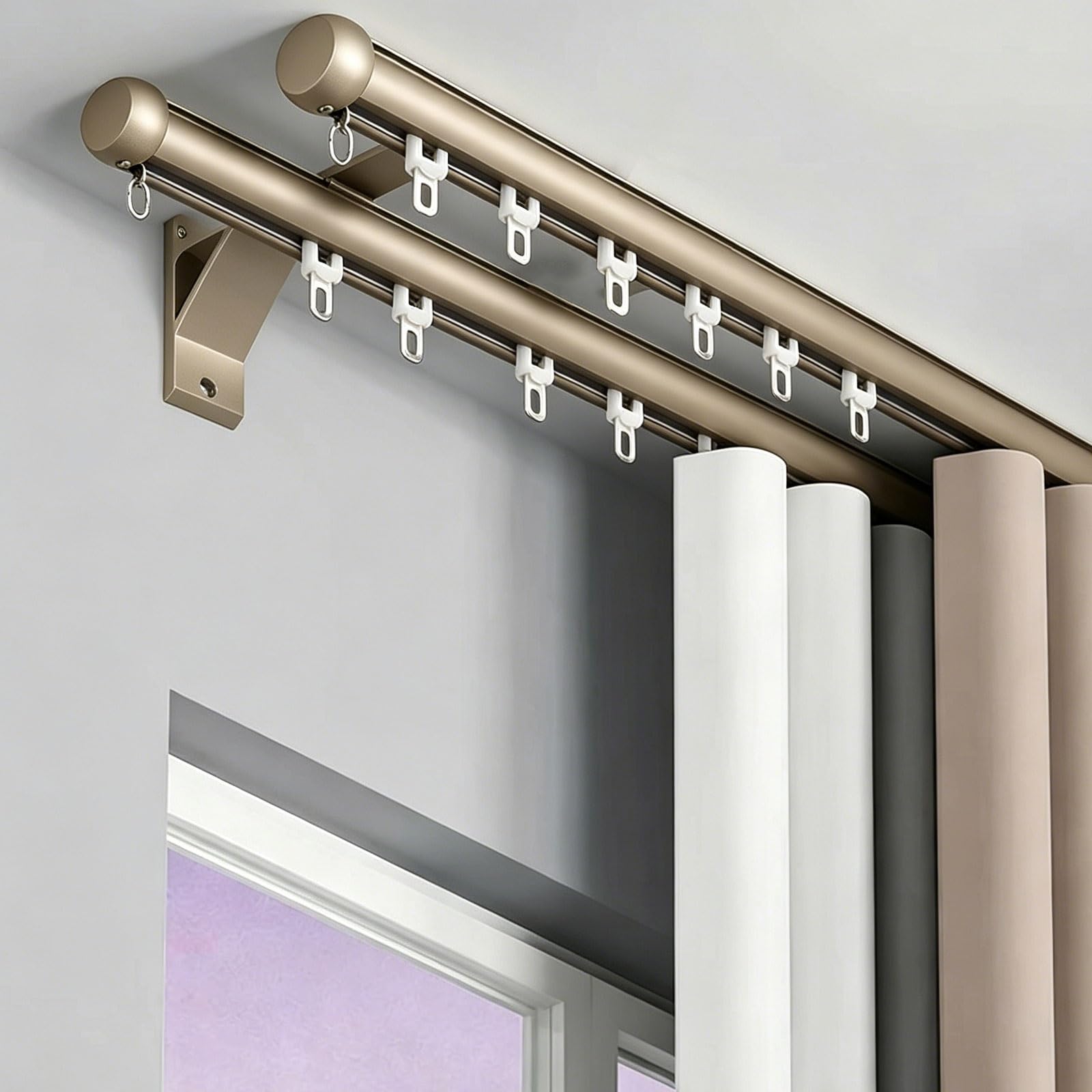 Double Curtain Track Rod, Wall Mount Heavy-Duty Aluminum Double Track Curtain Rail with Silent Rollers Aluminum Brackets for Bedroom Living Room Kitchen Office(Champagne,1.3m/4.3ft)