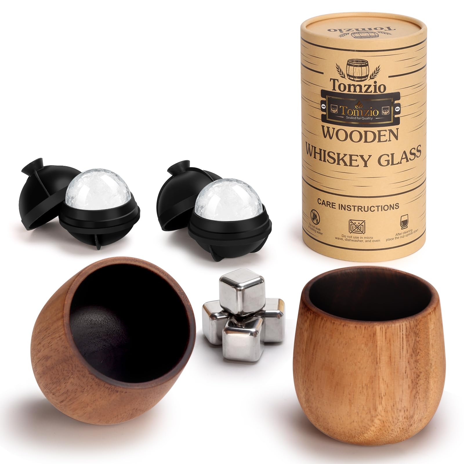 Whiskey Glass Set of 2 - REAL-Charred Acacia Wood 11oz Bourbon Tumblers Handcrafted One-Piece Solid Wood Old Fashioned