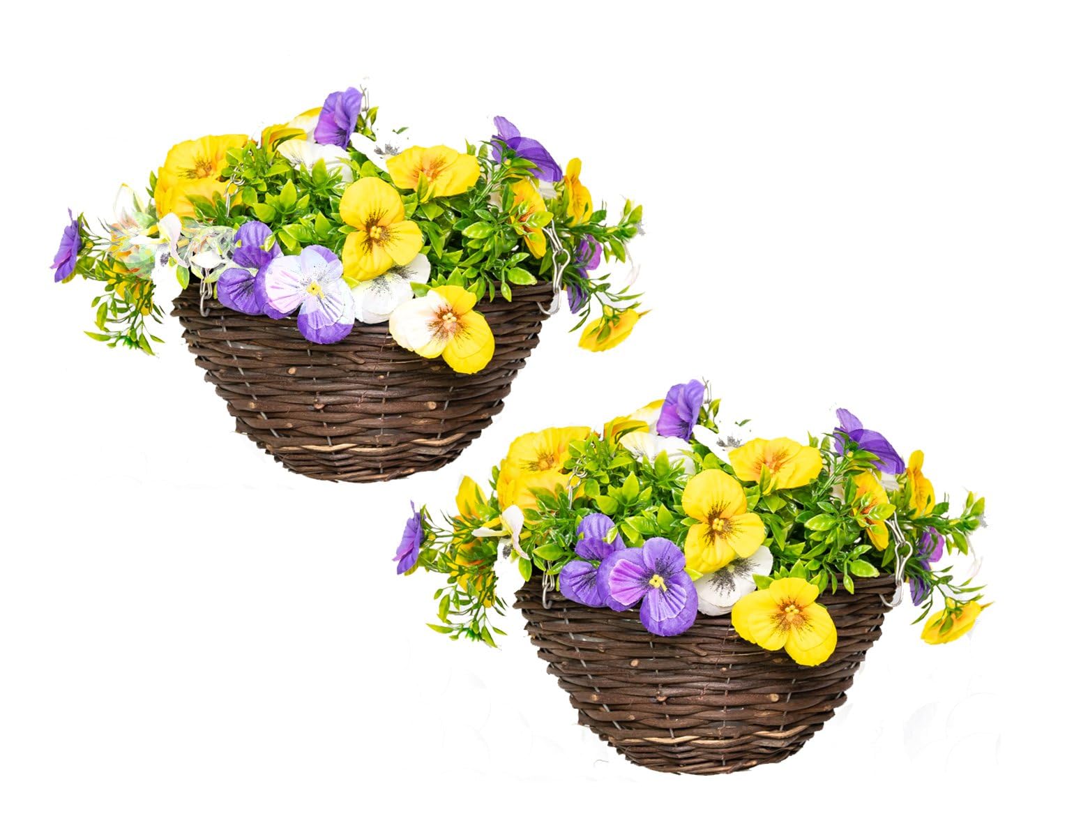 Primrose Pair Of Artificial Pansy Flowers Rattan Hanging Basket Decoration Yellow Purple & White 25Cm from B&Q