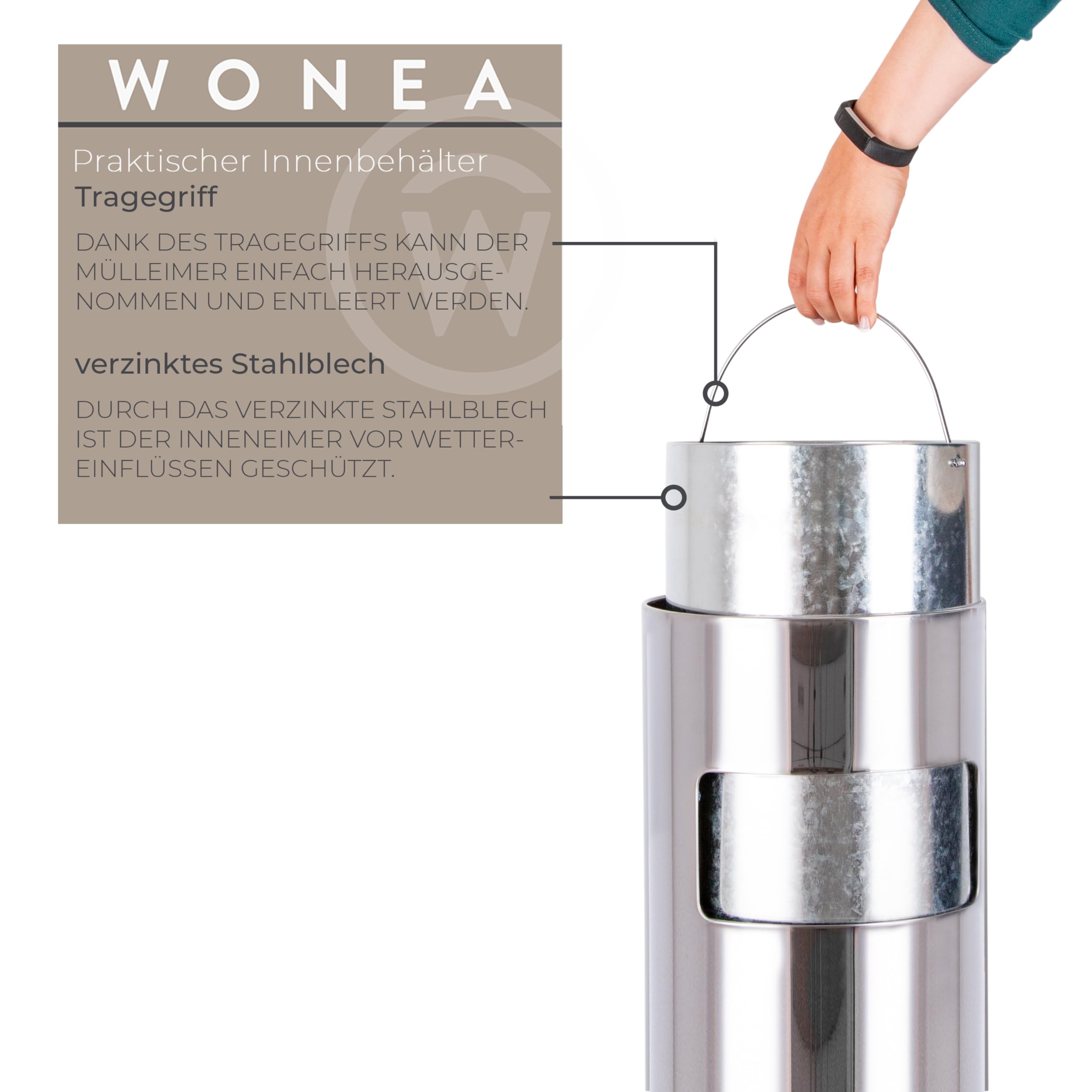 WONEA - 30L Standaschenbecher für draußen Edelstahl Silber Metall 61cm groß Outdoor Aschenbecher mit Mülleimer mit Inneneimer Abfalleimer für draußen, Aschenbecher mit Sand befüllbar