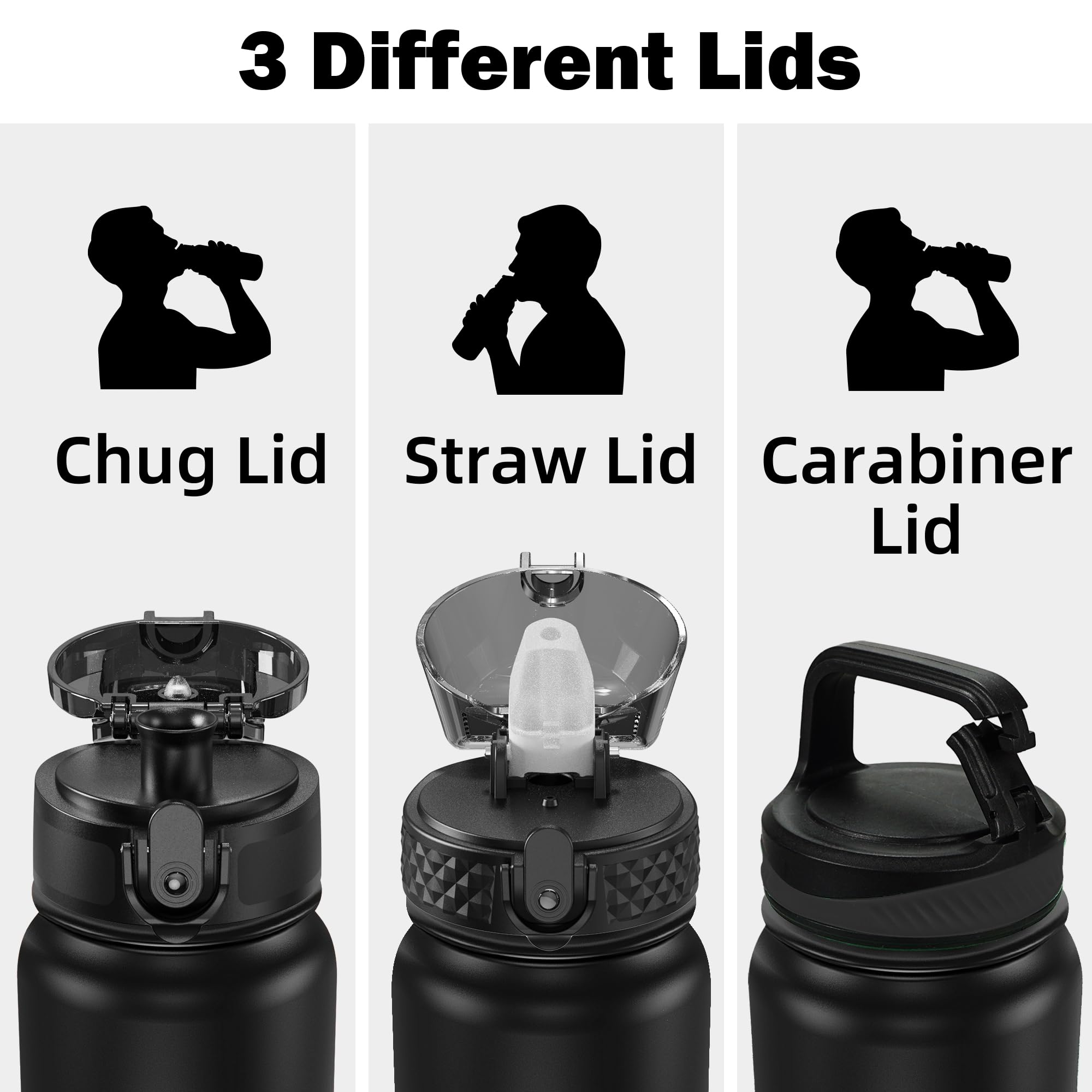 OLDLEY Stainless Steel Water Bottle with Straw 1L Vaccum Insulated Large Drink Flask Metal Water Bottles 1 Litre Leakproof Keep Drinks Hot Cold for Sports Gym with Different Lids(Black Grey - Image 2