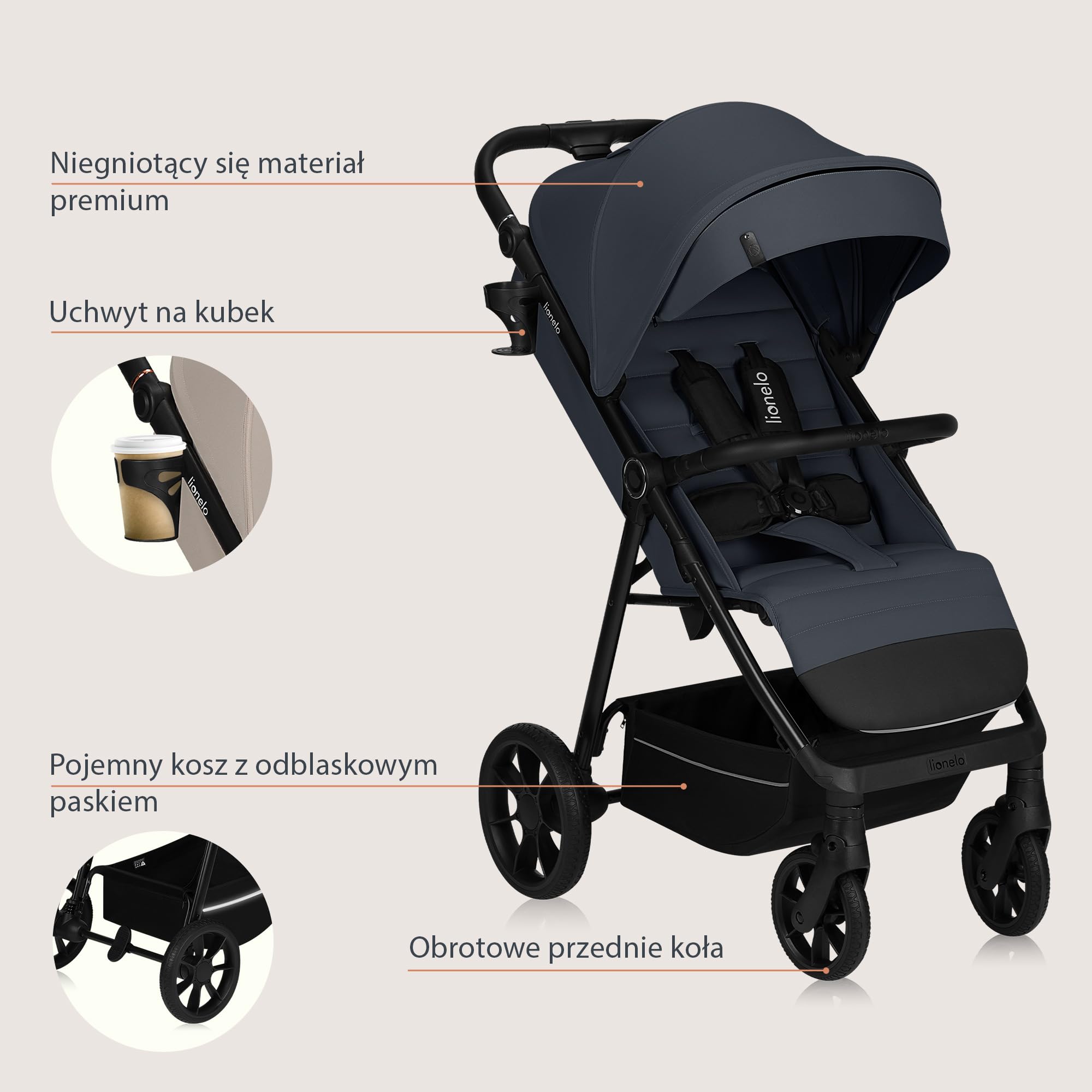 LIONELO IVA Spacerowy Wózek Dziecięcy do 22 kg od 6 m do 4 lat Obrotowe Koła 360° Pełna Amortyzacja Regulacja Rączki Oparcia i Podnóżka Daszek XXL UPF50+ Materiał Premium