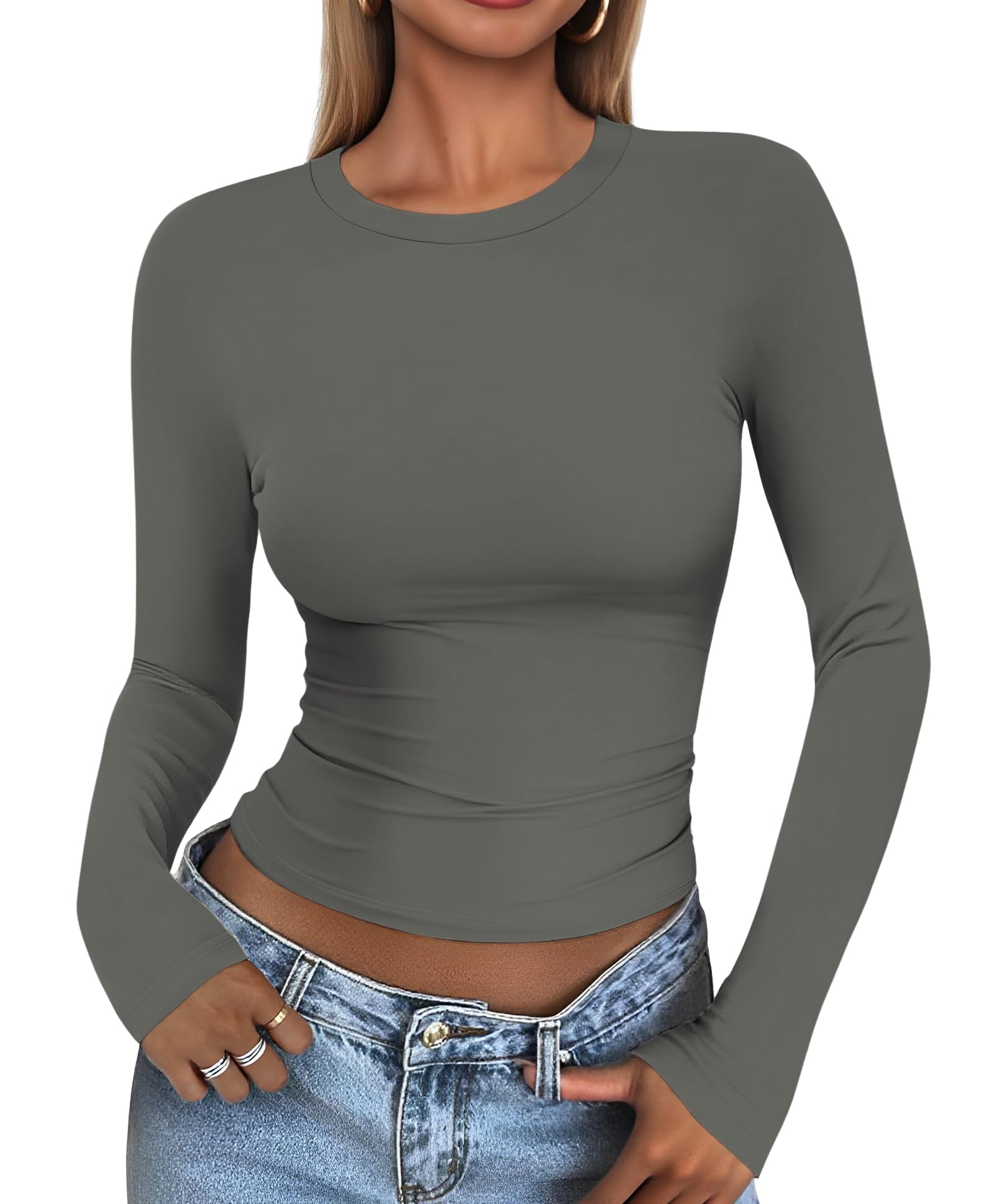 Cuptacc Langarmshirt Damen Eng Rundhals Basic Langarm Tshirt | Slim Fit,Basics,Round Neck,Longsleeve,Herbst,Stretchable,Lightweight,Casual,Fashion,Y2K,Komfort
