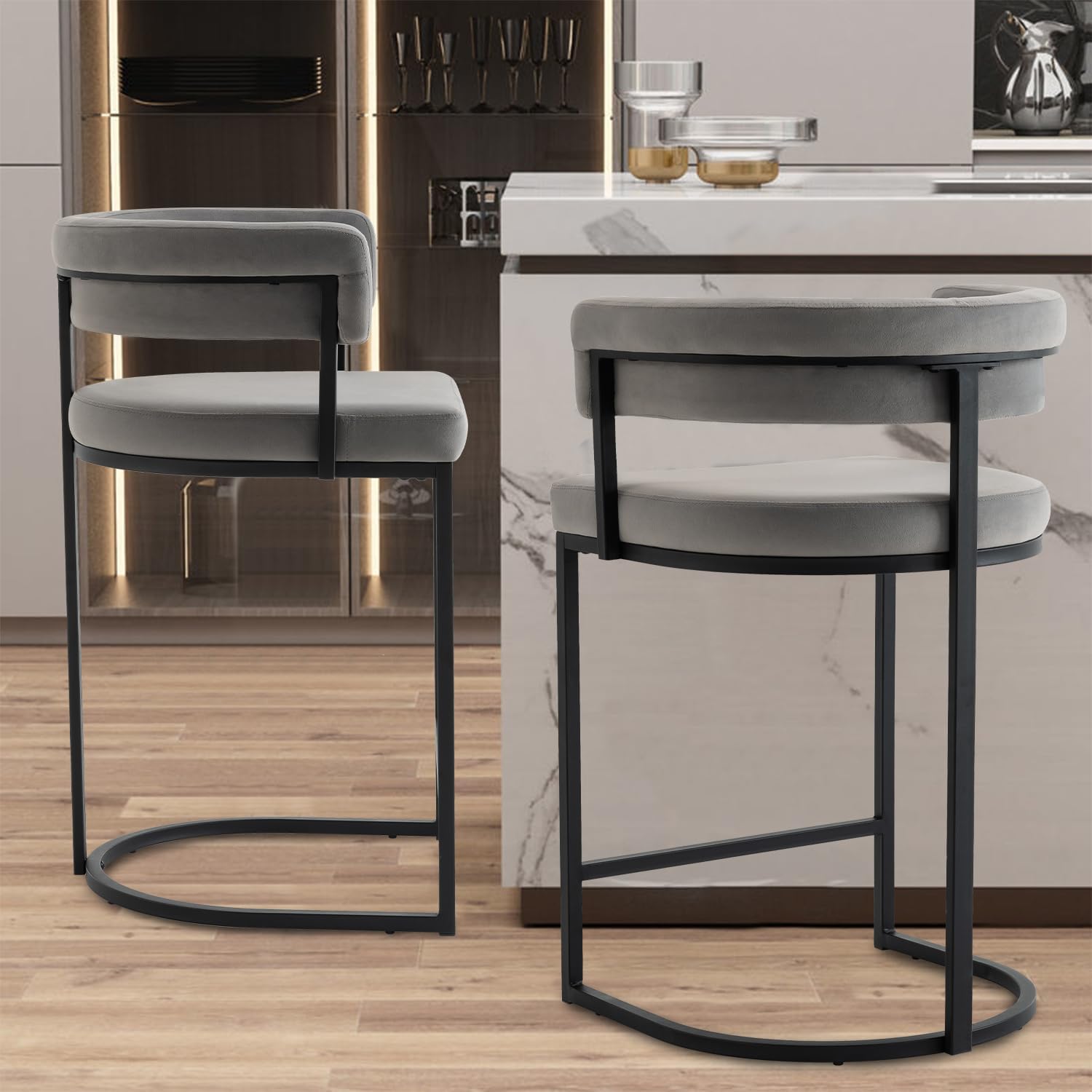 Set of 2 Grey Modern Velvet Bar Stools with Barrel Backrest, Upholstered Seat, and Black Metal Footrest – 25.6-Inch Seat Height, Ideal for Counters, Home Bars, and Kitchen Islands