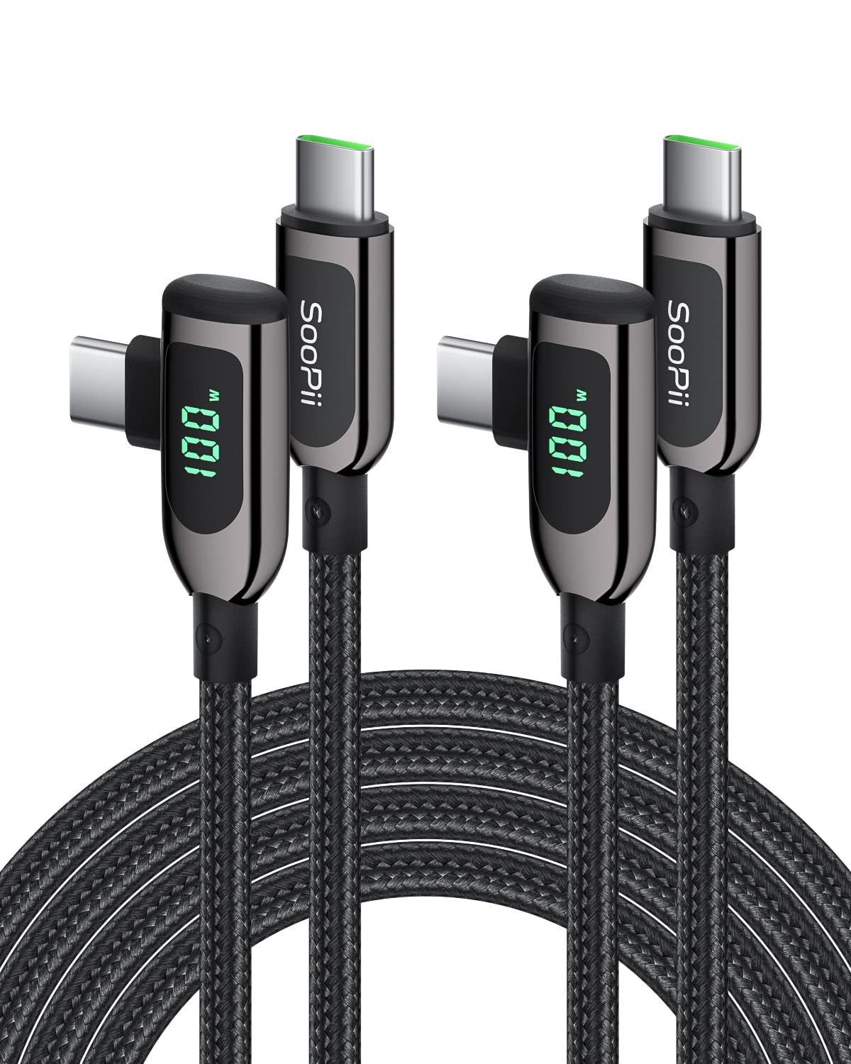 SOOPII 100W Right Angle USB C to USB C Cable,2Pack 6.6FT Zinc Alloy Case Nylon Braided Type-C Cable with LED Display for lPad Mini/Air/Pro,MacBook Pro