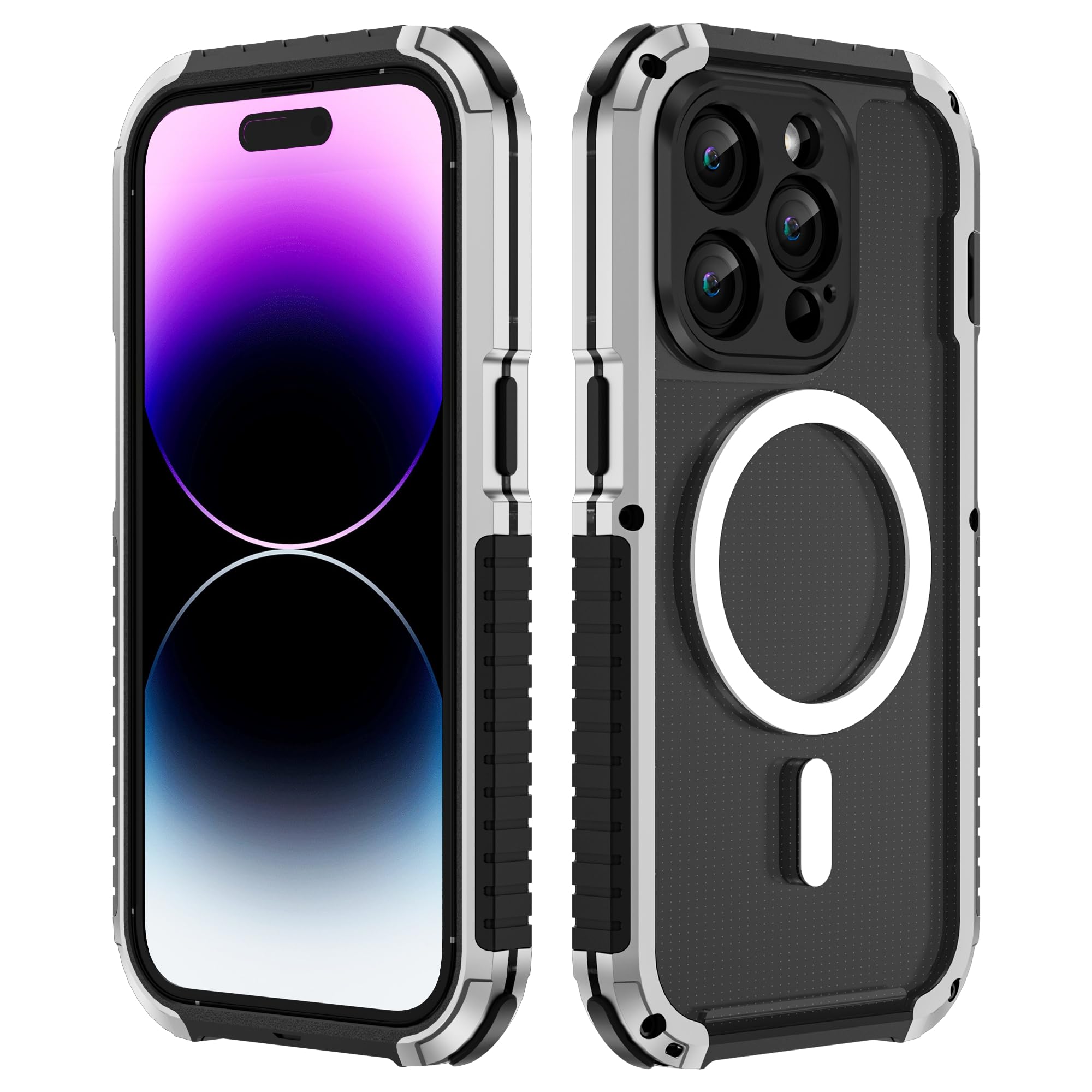 DISXKAER Metal Case For iPhone 14 Pro Max, Clear Military Grade Drop Tested Shockproof Phone Case, Protective Waterproof Cover with Tempered Glass Compatible With MagSafe (iPhone 14 Pro Max,Silver)