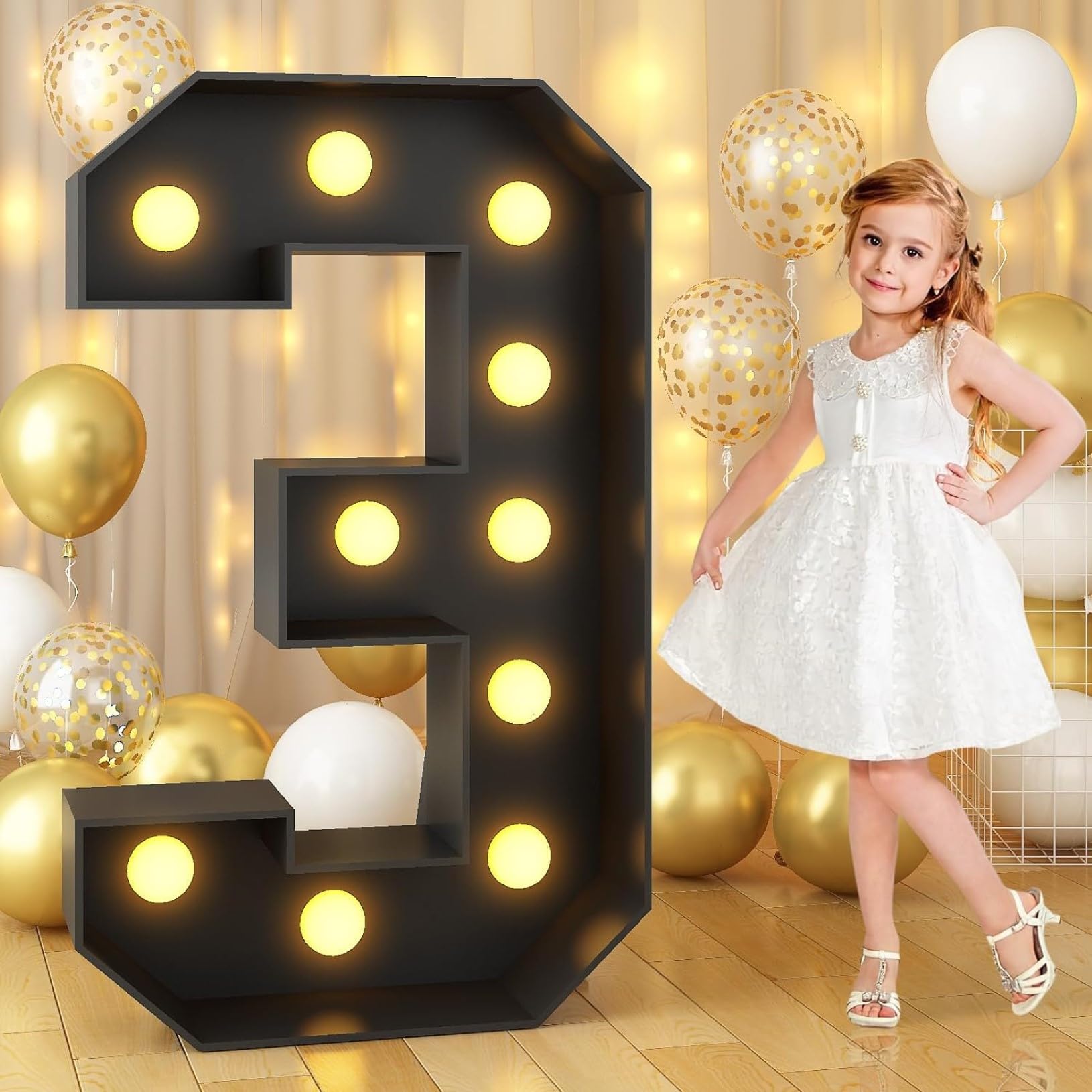 Warm White Marquee LED Number Lights, Party Decor Black Pre-cut Foam Board Set, Large 0-9 Numbers Light Up Sign for Birthday New Year Anniversary, 3, 120cm-4ft — image 1