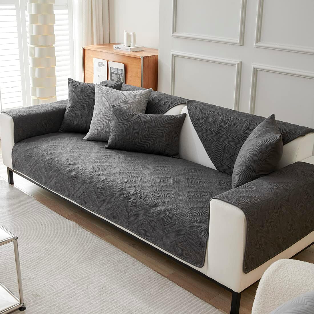 vctops Farmhouse Solid Cotton Sofa Cover for 2 or 3 Cushion Couch Covers Anti-Slip Geometric Quilted Sofa Slipcover for Dogs Cats Pet Love Seat Recliner Armrest Backrest Cover(Dark Grey,43"x82")