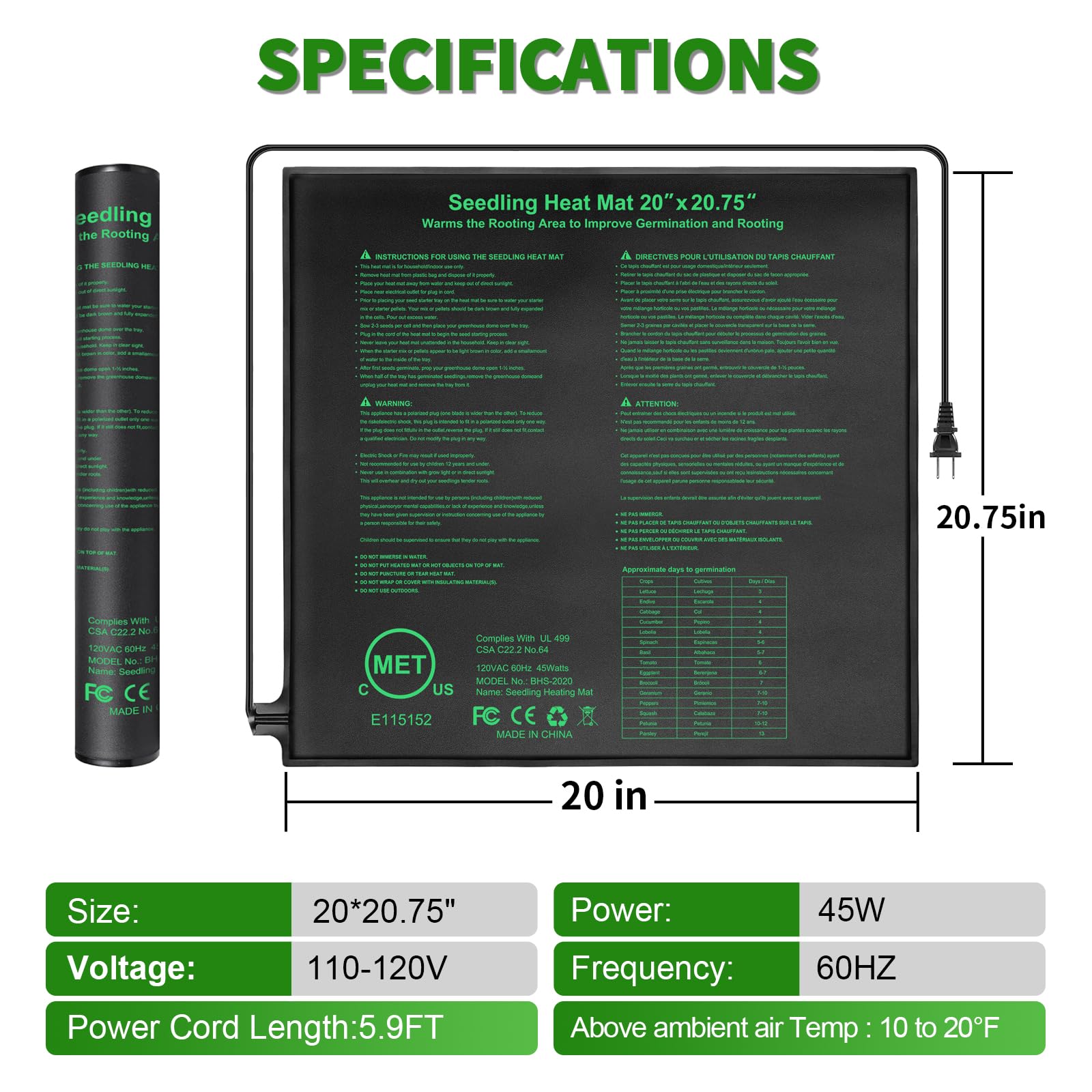 Tapis chauffant pour semis - 50,8 x 52,7 cm - Plante hydroponique chaude pour le jardinage en intérieur - Imperméable et durable