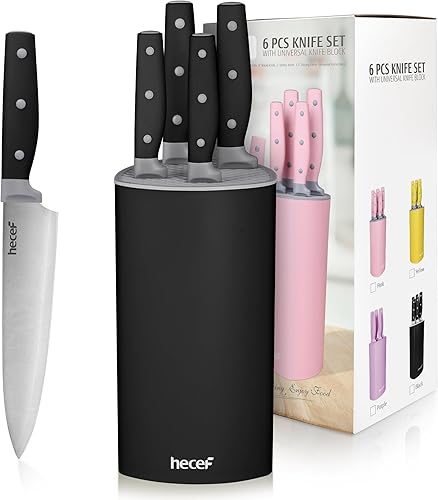 hecef Juego de cuchillos de cocina de 6 piezas con bloque universal de cuchillos, hoja de acero inoxidable con mango de triple remache, juego de