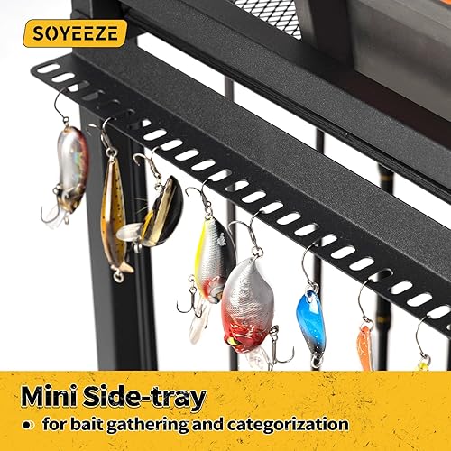 Miniatura 7 de SOYEEZE Soportes para cañas de pescar de gran tamaño para el garaje, estante de 3 niveles para cañas de pescar con tablero de clavijas y ganchos,