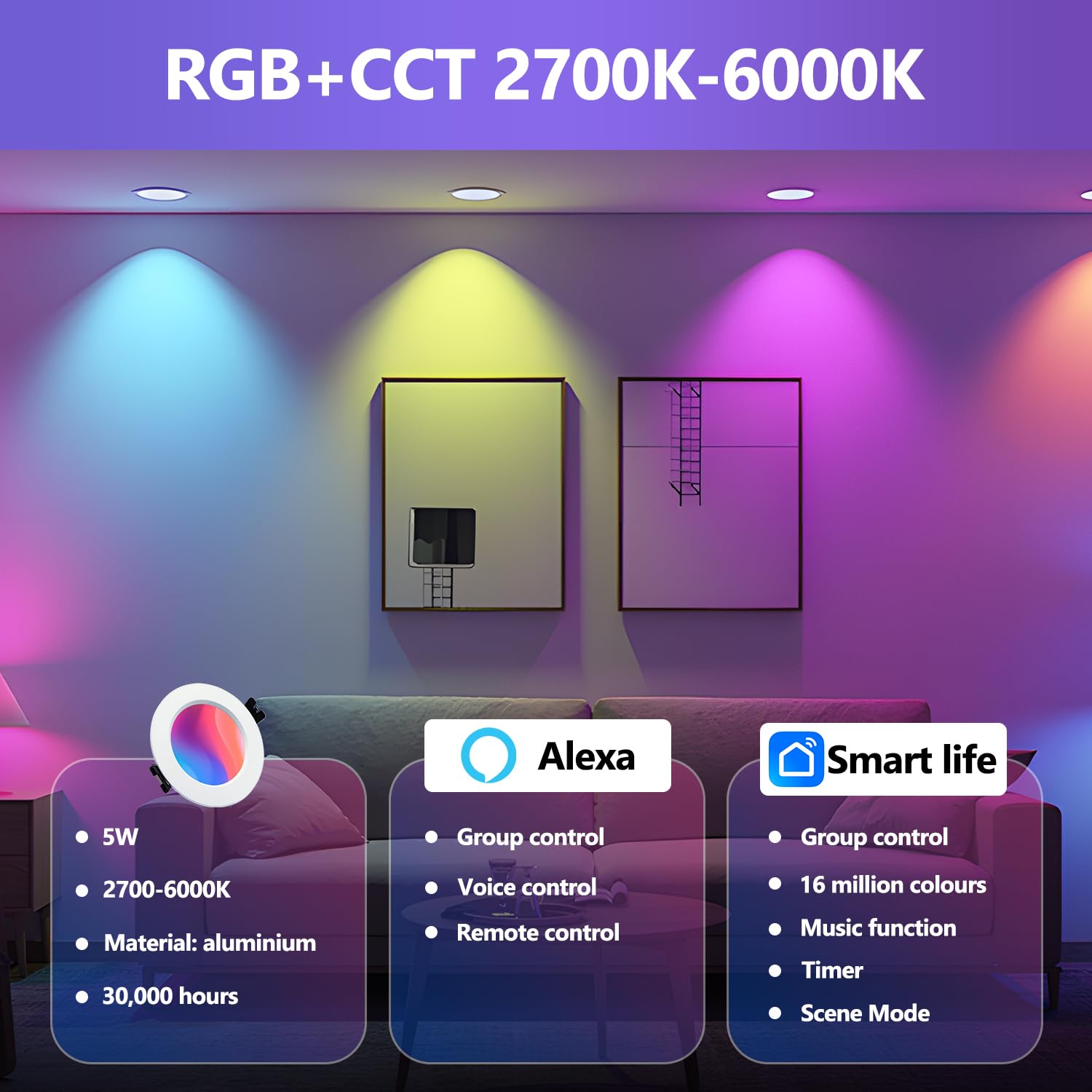 Faretti Led da Incasso per Cartongesso Alexa Wifi Bluetooth, RGBW 2700K a 6000K, Dimmerabili App Controllo, 7W, alluminio, faretti da incasso con gateway intelligente e telecomando, 4pcs