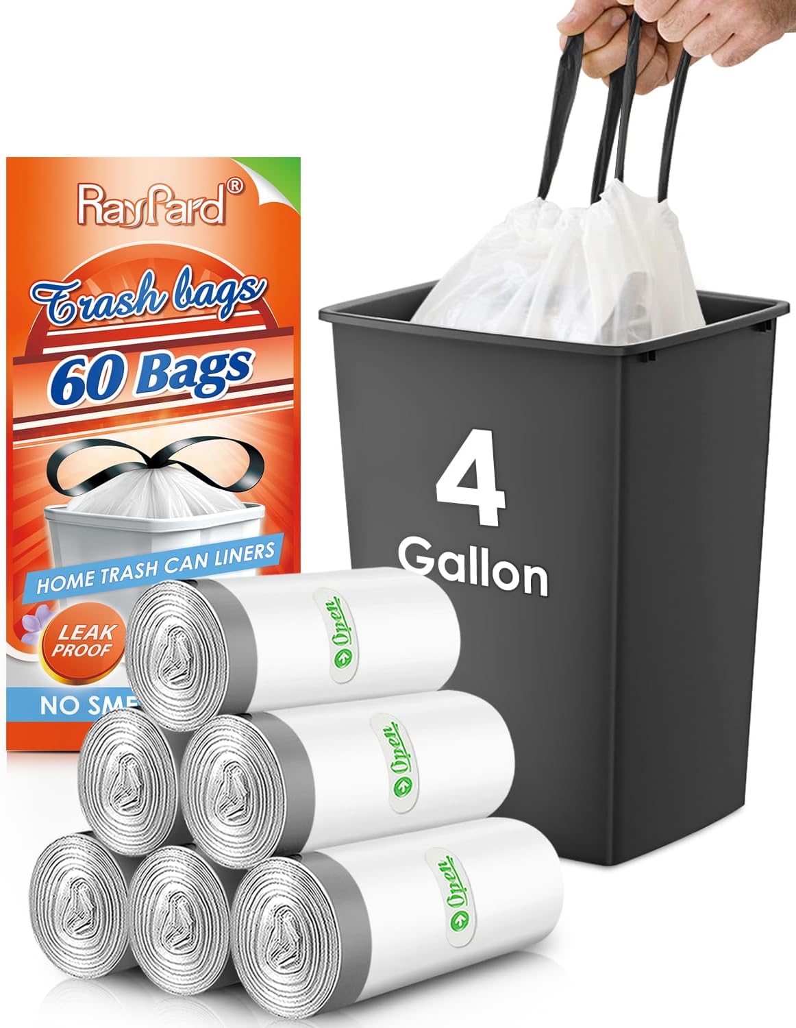 4 Gallon 60 Counts Strong Drawstring Trash Bags Bathroom Garbage Bags by RayPard, Small Plastic Bags Waste Basket Liners for Home Office Kitchen Bedroom, White