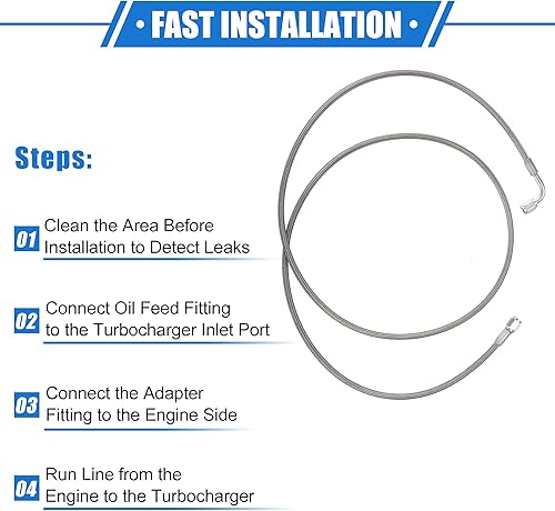Vista 49 de AN3 - Línea de alimentación de aceite turbo de acero trenzado de 90 grados a extremo de manguera recto, turbocompresor remoto de 24 pulgadas, línea