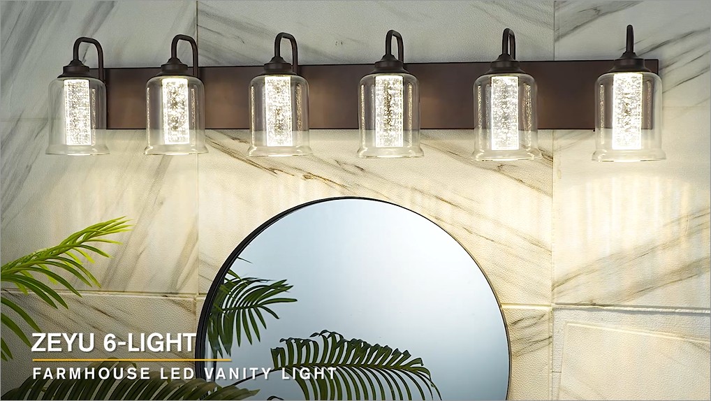Image of zeyu 40W 6 Light Bathroom Light Fixtures, 44 Inch LED Vanity Wall Light with 5 Color Modes, Oil Rubbed Bronze Finish with Crystal Bubble and Clear Glass, ZSL72B-6W LED ORB