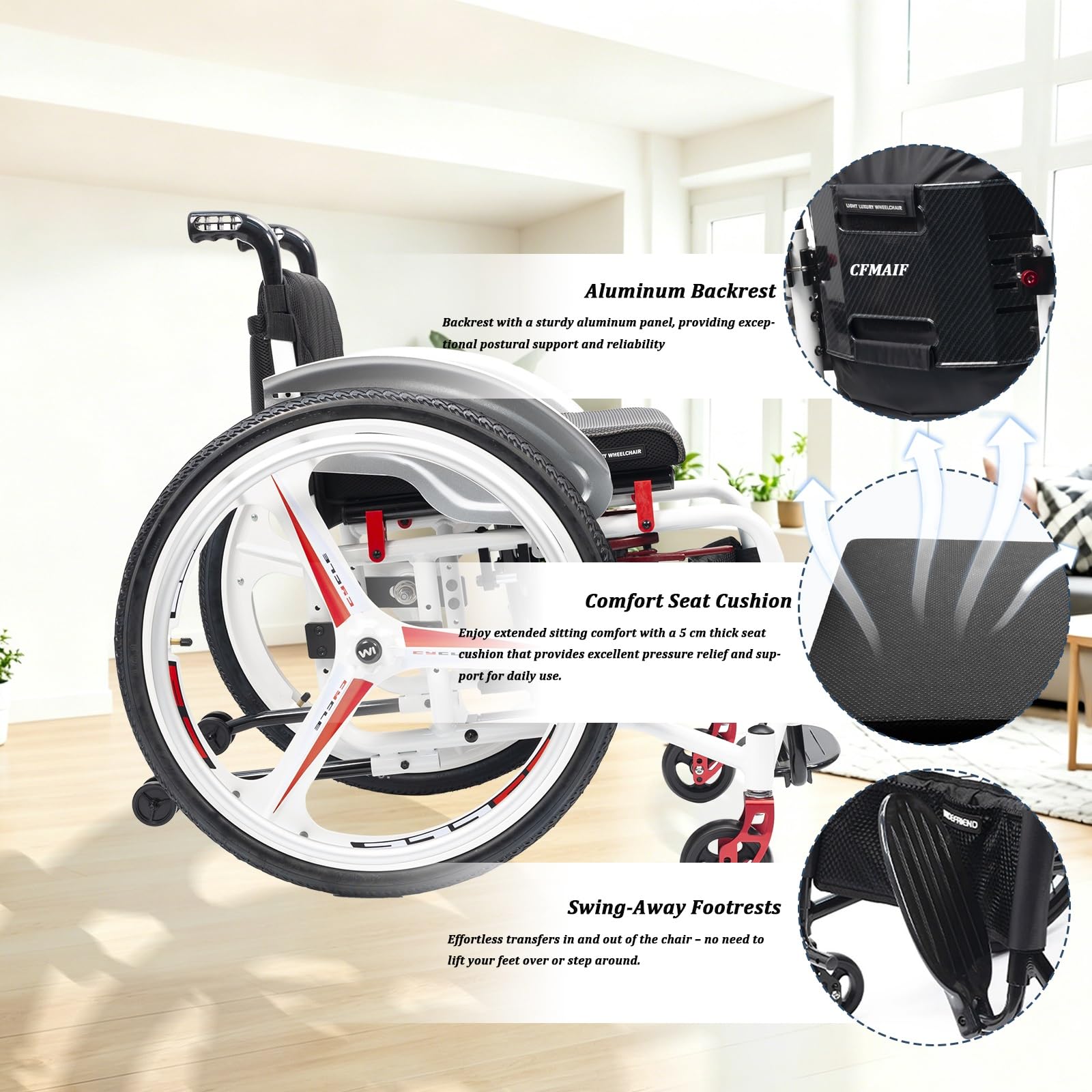 Silla de ruedas plegable ligera, de Aluminio para Adultos, Autopropulsable, Viaje de embarque portátil, reposapiés abatible(A,43cm/16.9in Seat)