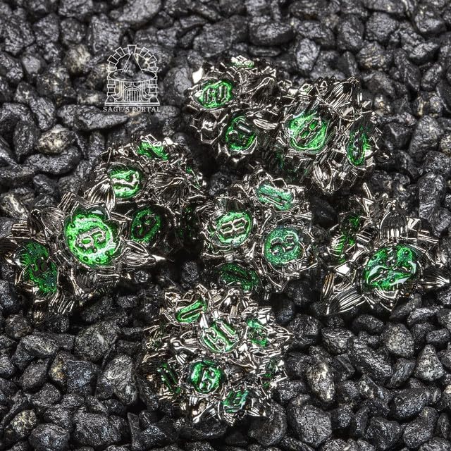 Sage's Portal Deadly Lotus Metal DND Dice 7 Piece Polyhedral Dice Set for DND TTRPG Dungeons and Dragons Pathfinder (Midnight Venom)