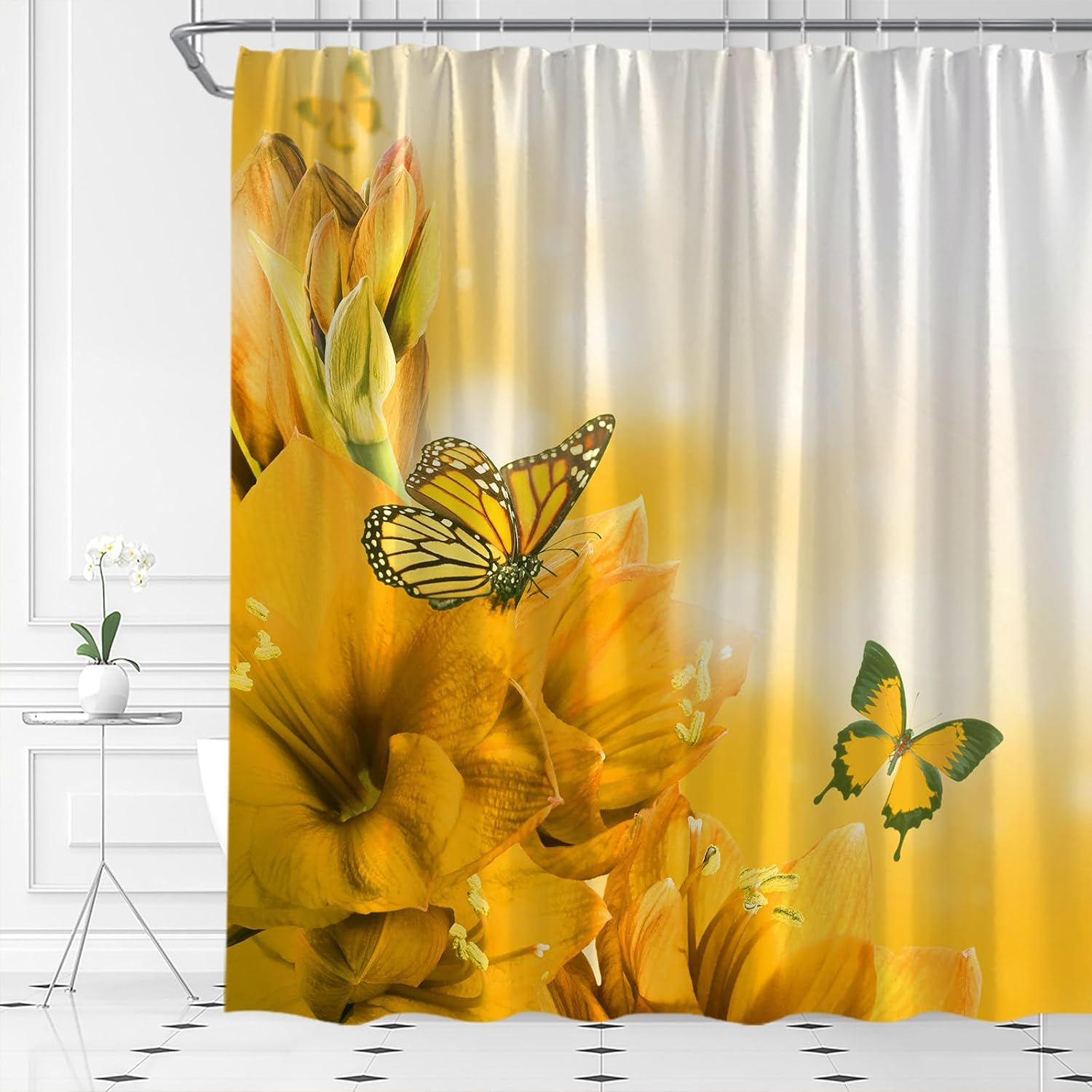 Yellow Shower Curtain Flower Butterfly Rustic Floral Lily Spring Nature Scene Bright Bathroom Curtain Fabric with Hooks(90" Wx70 H)