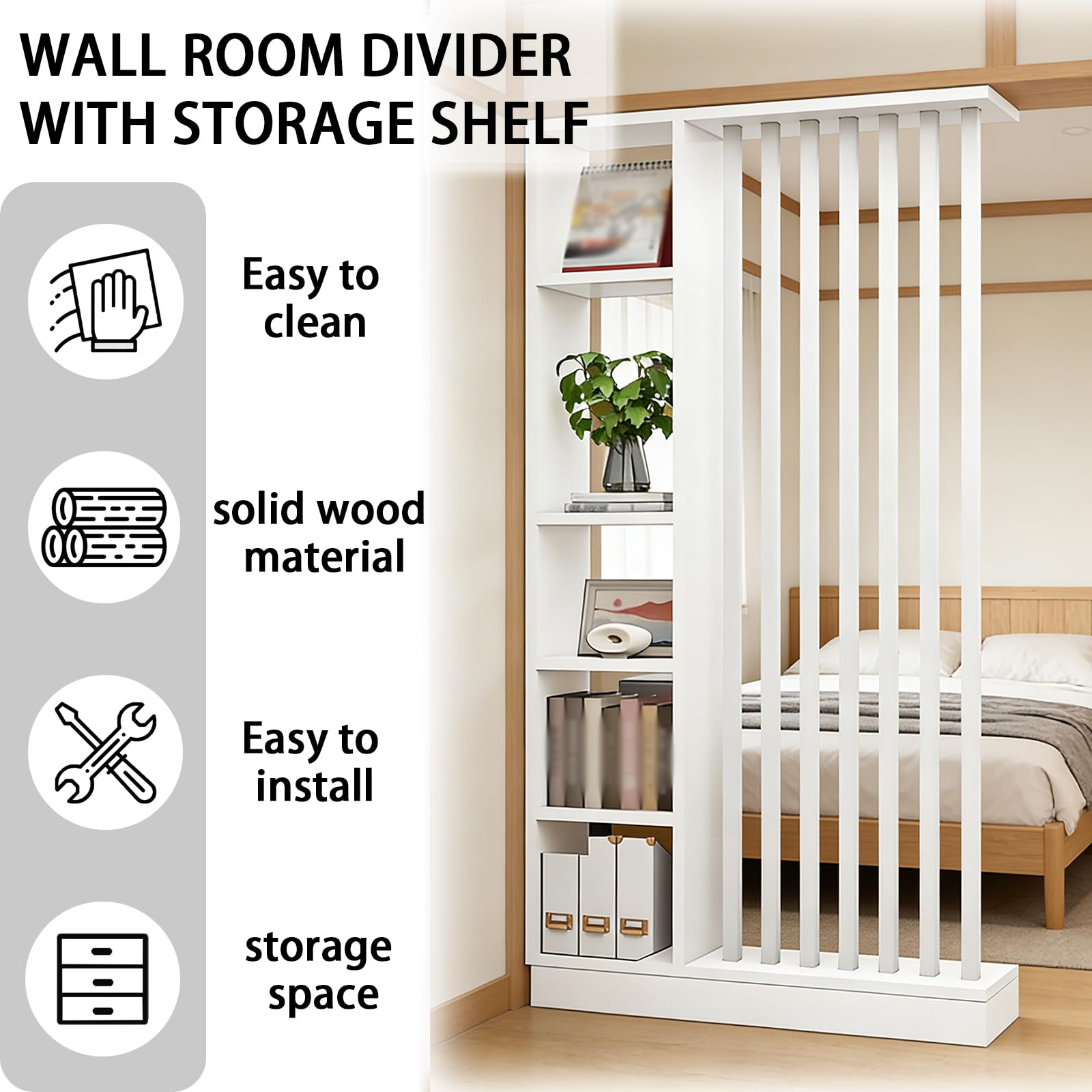 Wandraum Teiler mit Lagerregal, Eingangshalle -Trennwesensäule Säulen- bis Decke, aus massivem Holz, leicht zu montieren, geeignet für die Heim- oder Bürodekoration geeignet (A White + White, 100cm)