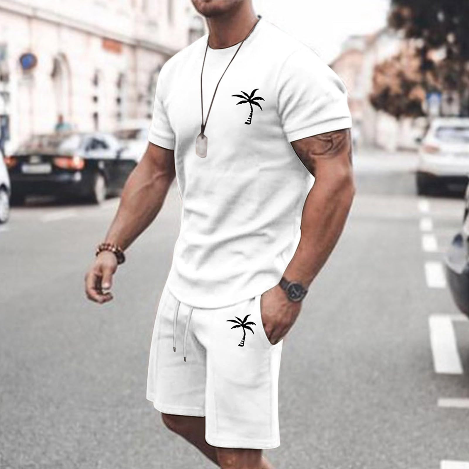 Genérico Chándal Hombre 2 Piezas Verano 2026 Conjunto Deportivo Camiseta Manga Corta Estampado de Palmeras Pantalones Cortos Transpirable Cómodo Traje Casual para Jogging y Ocio