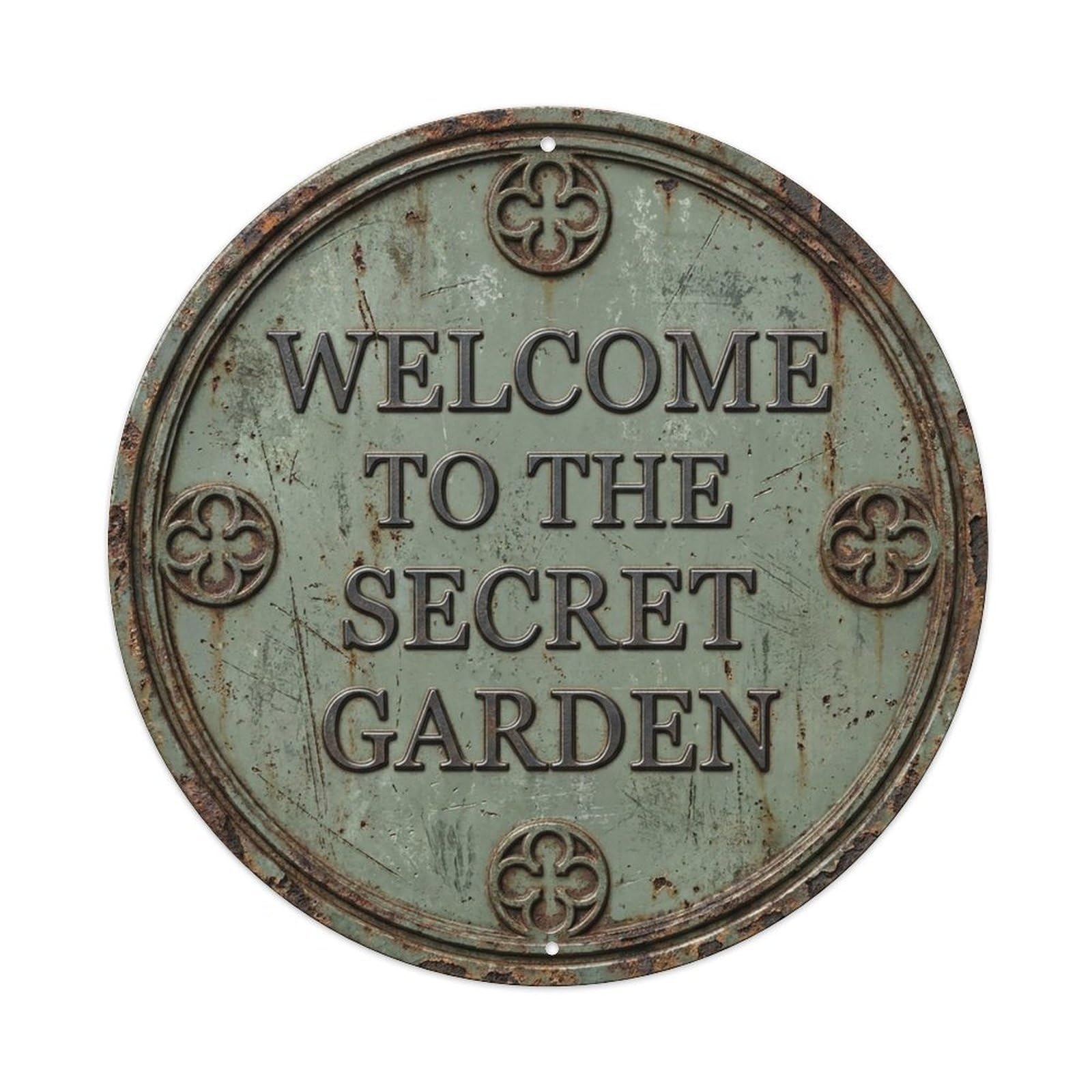 Vintage Welcome Secret Garden Iron Sage Quatrefoil Metal Tin Sign
