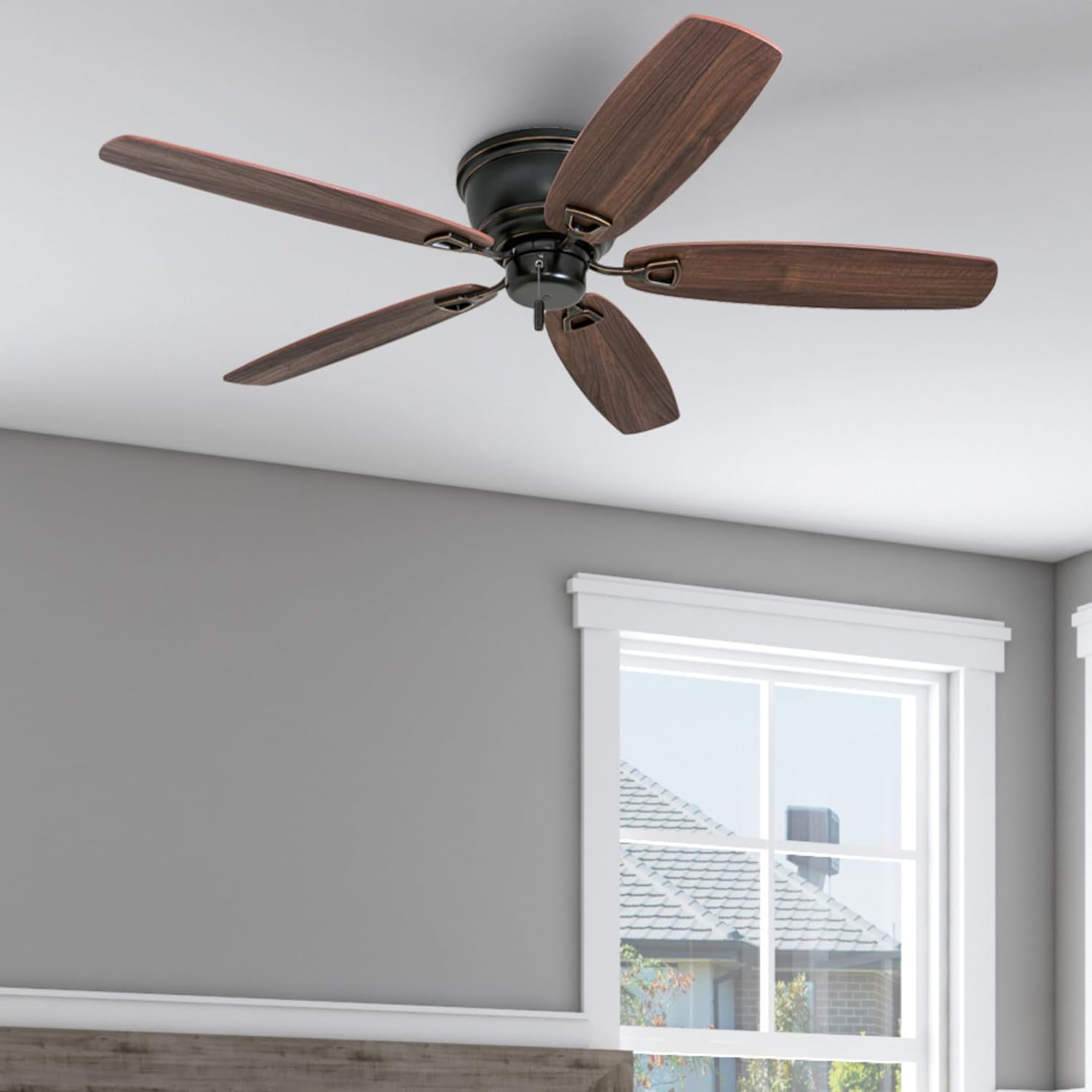 Honeywell Ceiling Fans Glen Alden, 52 inch Classic Flush Mount Indoor Ceiling Fan with No Light, Pull Chain, Quick-2-Hang Dual Finish Blades, Reversible Motor - 50516-01 (Oil Rubbed Bronze) image 8 of 15 B07DV6RM74