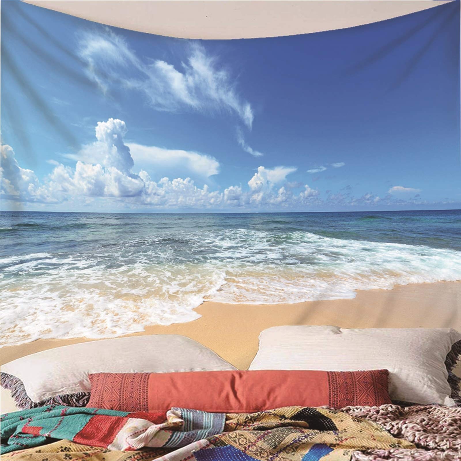 Aeici Tapiz Tela Muro Playa, Mural Tela Pared Cielo De La Playa Tapiz para Colgar Pared(240X220Cm)
