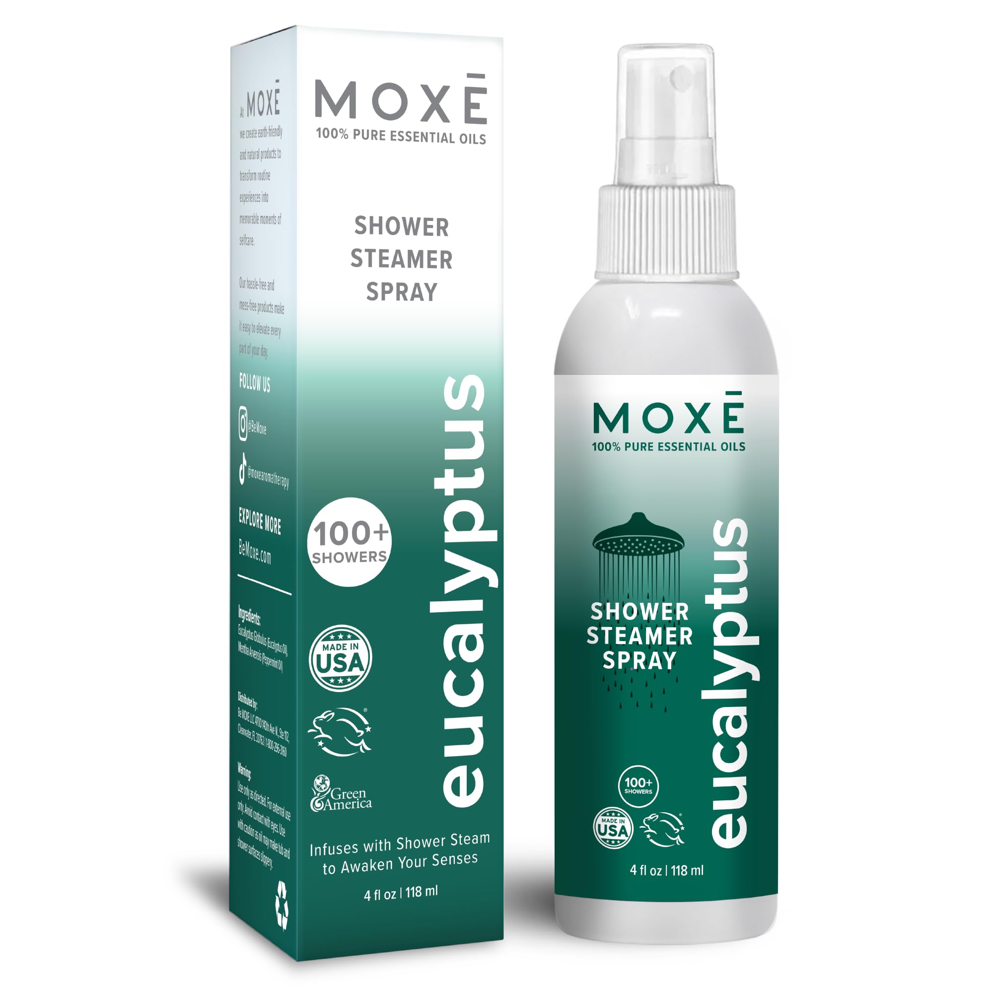 MOXĒ Eucalyptus in-Shower Aromatherapy Mist, 4 Ounces, 100% Essential Oils Sinus Steam Spray, Congestion Relief, Daily Relaxation, Stress Relief, Natural, Plant Based, Made in USA
