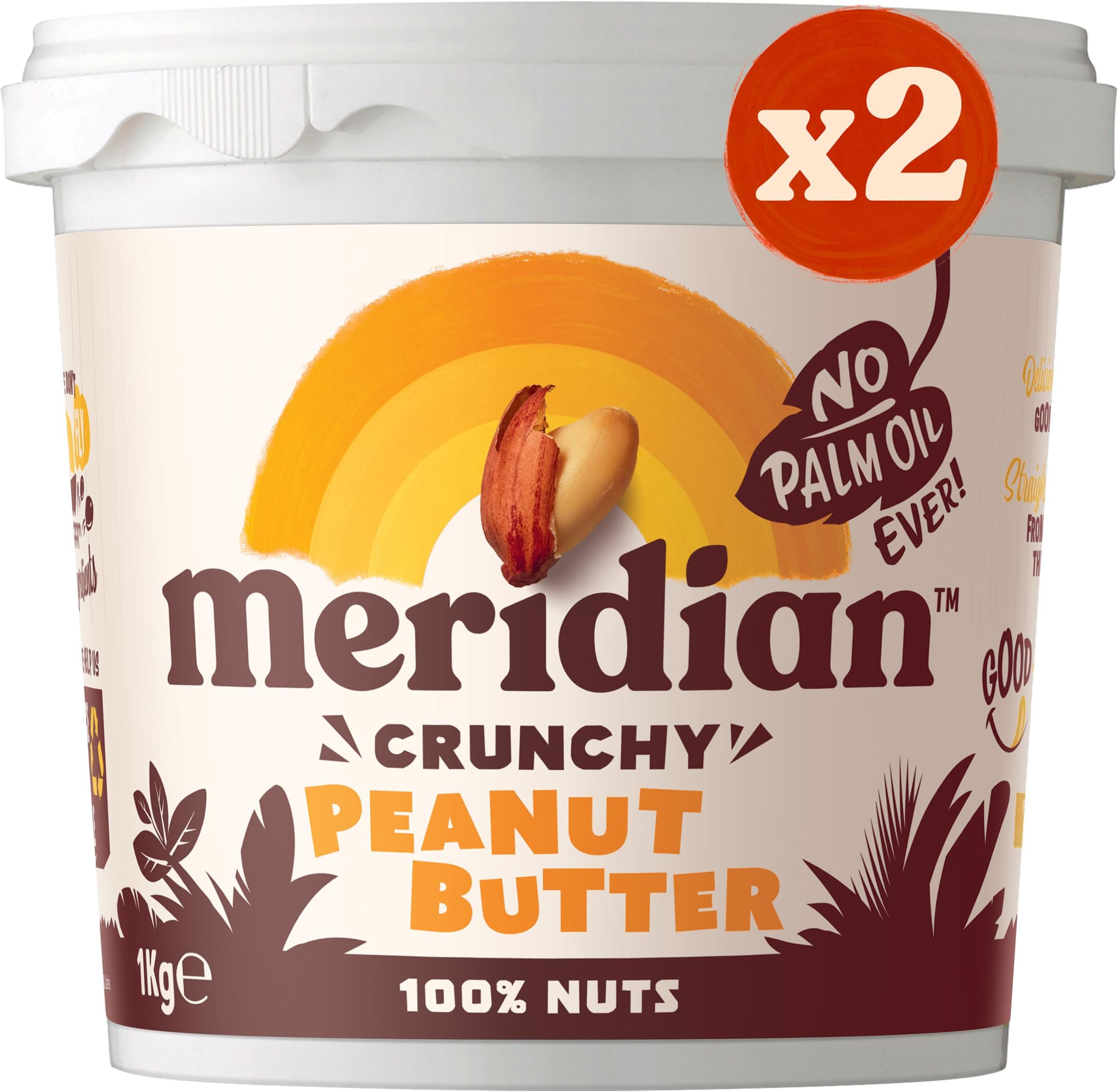 Meridian Crunchy Peanut Butter Spread 1kg Twin Pack (2 x 1kg Tubs) - Vegan, Free From Palm Oil, Made With 100% Nuts, Family Value Pack