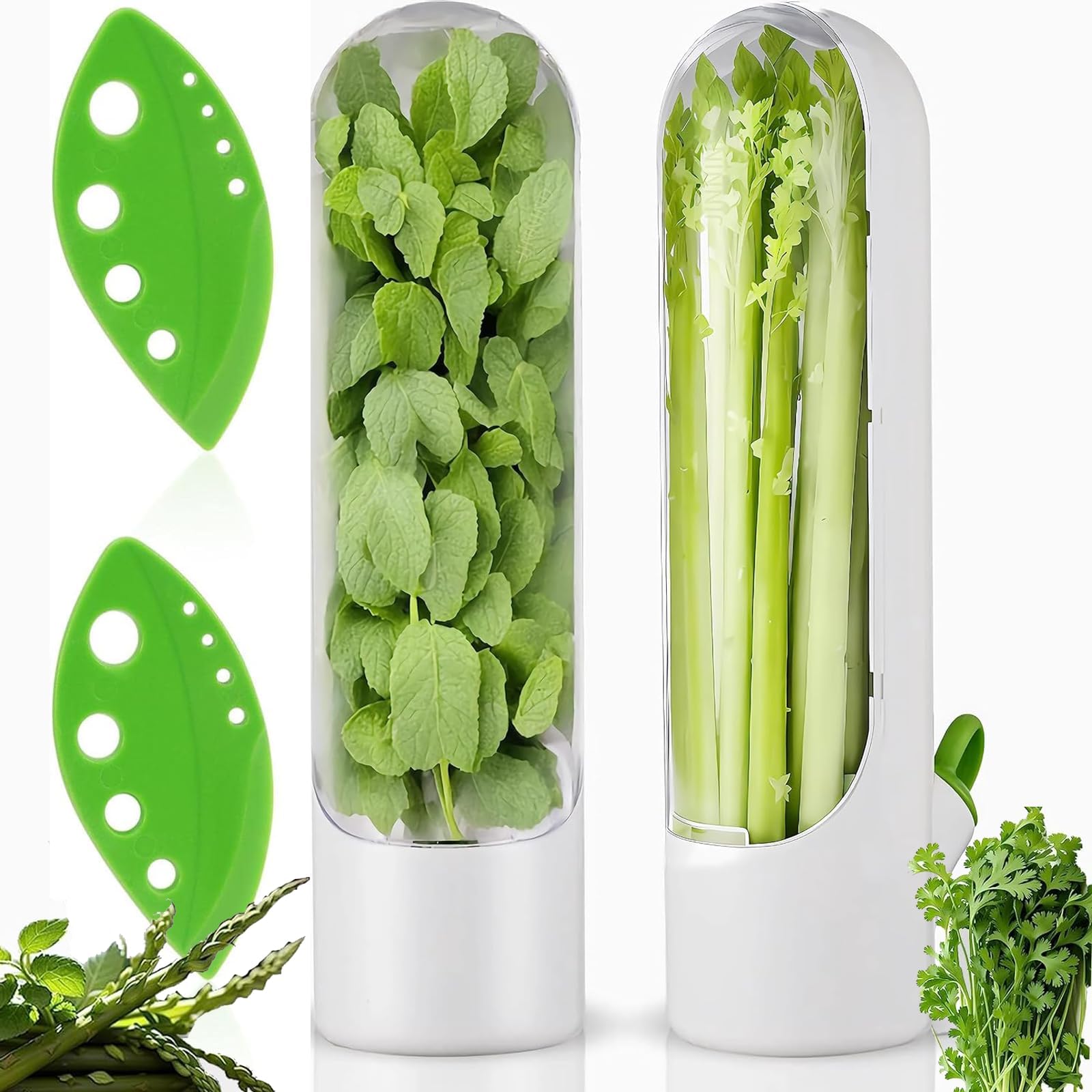 HIKKY 2 Pcs Herb Saver, Fresh Herb Keeper for Refrigerator, Cilantro Storage Containers with Herb Cutter, Herb Saver Pod Mint,Parsley, Asparagus,Keeps Vegetables Fresh for 2-3 Week