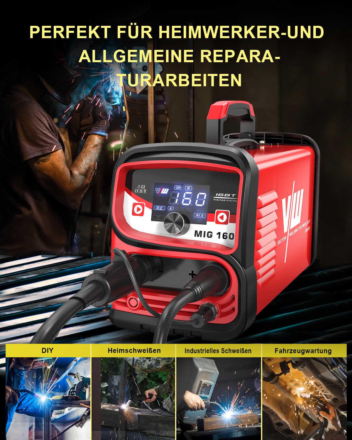 VECTOR WELDING MIG MMA Schweissgerät 160 A, Fülldraht Schweißgerät Set für Anfänger, IGBT Schutzgasschweißgerät mit Digitales Display Gasfrei-Funktion Schutz gegen Überhitzung
