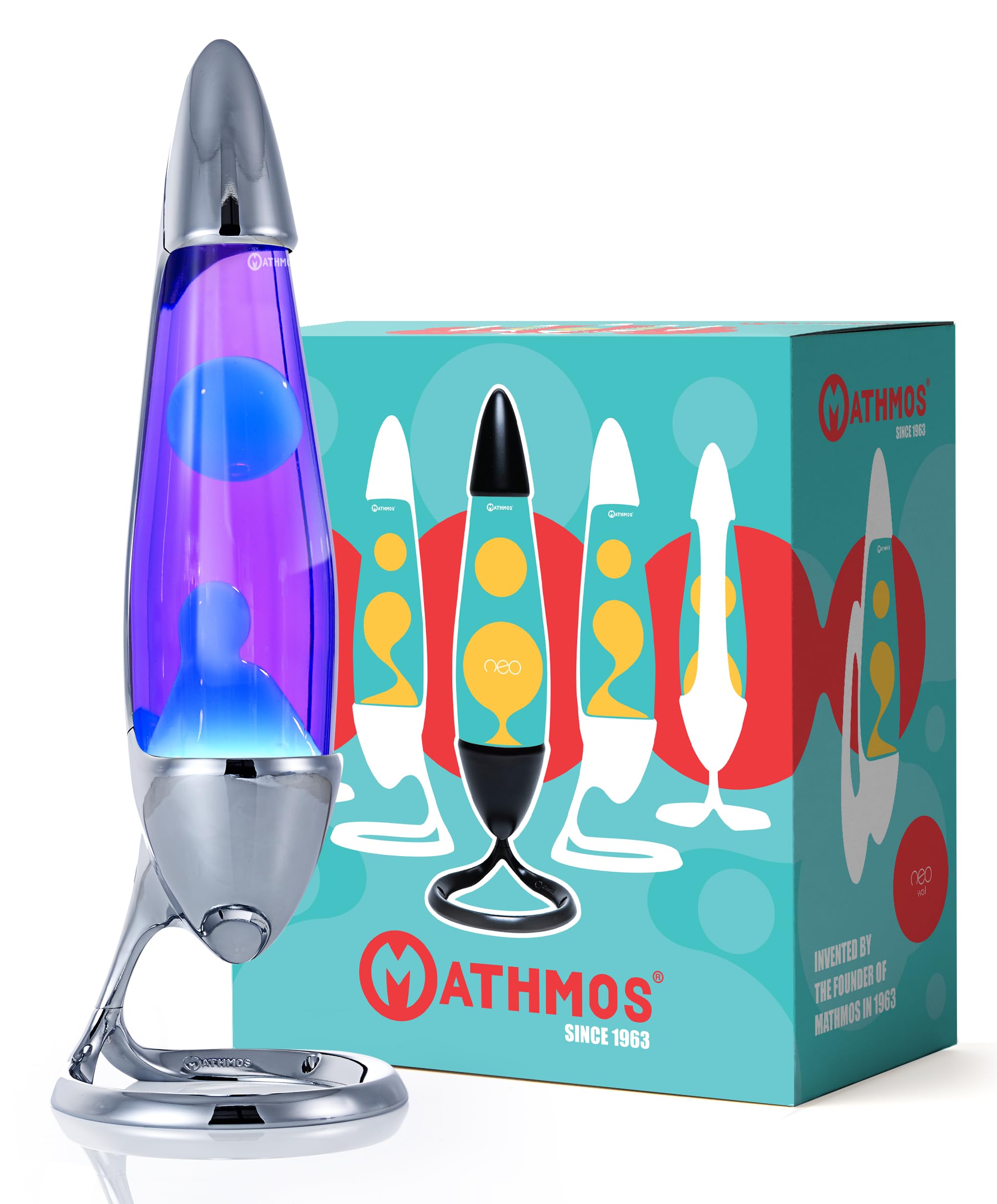 Mathmos Lampada lava Neo argento, testata come sicura per bambini | Lampade Viola e Turchese a bassa temperatura e con sicurezza integrata | Lava durevole riempita a mano in Gran Bretagna