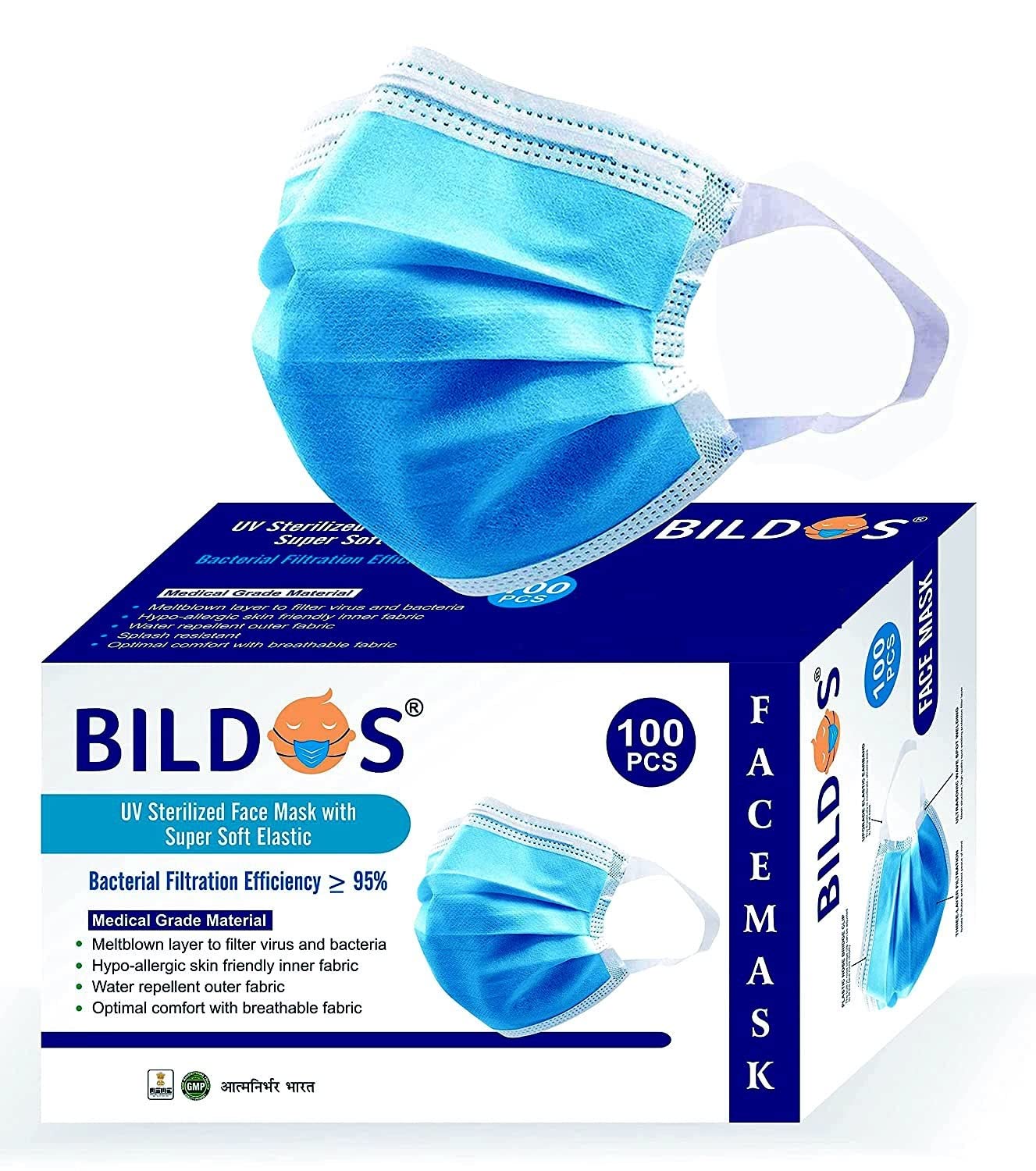Bildos Unisex Melt Blown Layer Disposable Mask with Super Soft Elastic and Nose Clip (Blue) - Pack of 100