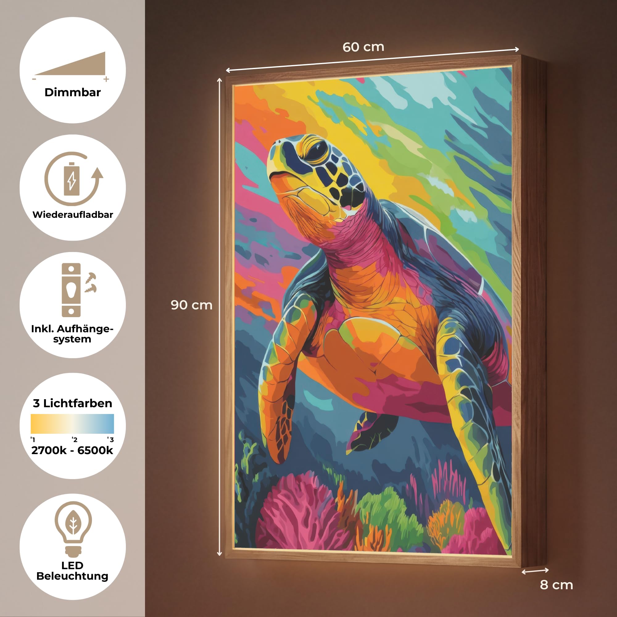 Moderne LED Wandleuchte Innen 60x90 cm Aufladbar Wandbeleuchtung Schlafzimmer Nachtlampe Flach Fernbedienung Warmes Still Licht Dimmbare Lampe Koralle - Schildkröte - Abstrakt - Wasser