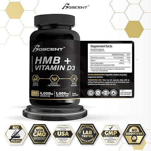 Miniatura 2 de Suplemento de HMB y vitamina D3 - Suplementos de 1,000 mg de HMB con 4,000 UI de D3 y calcio para el crecimiento muscular, la fuerza y la