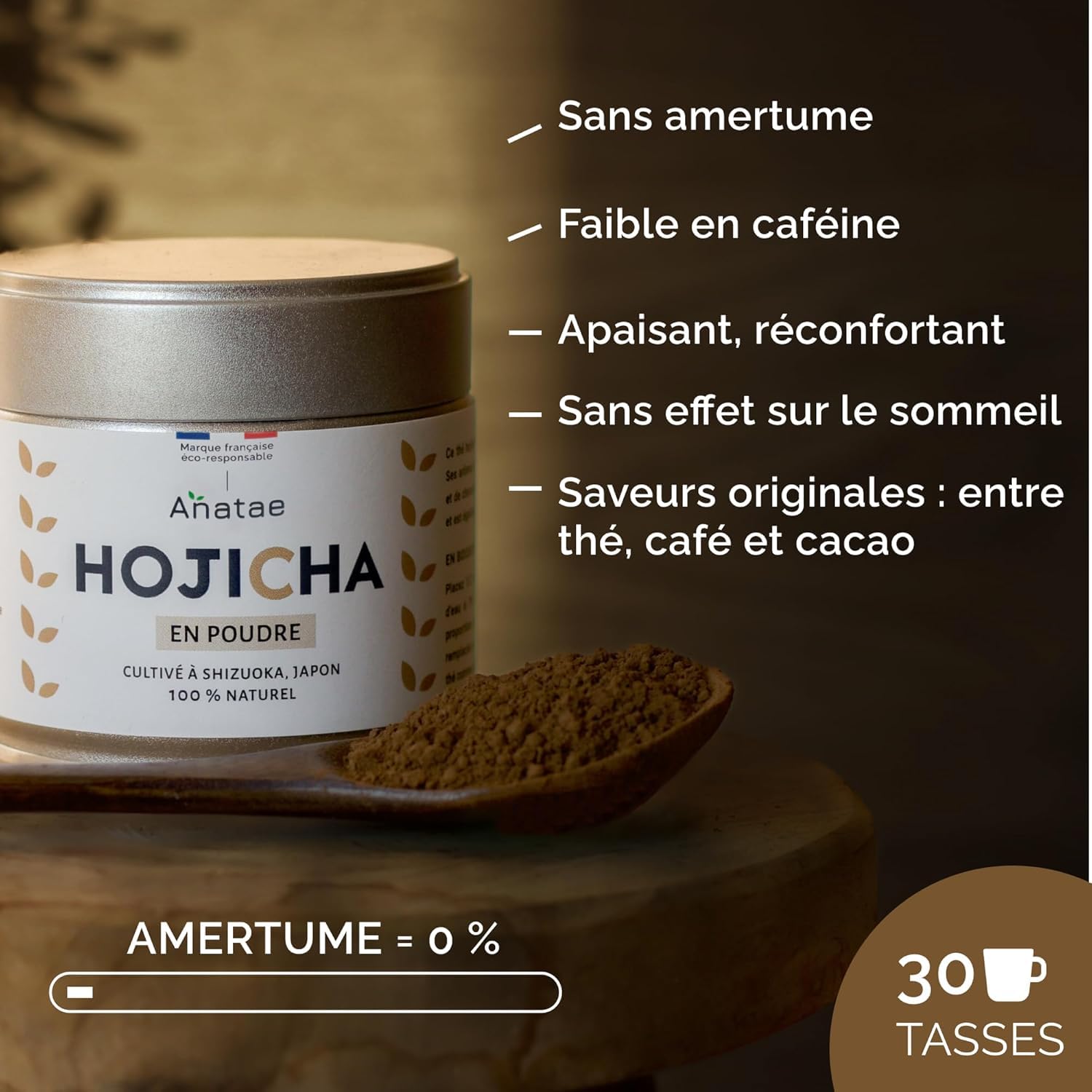 Anatae Marque française - Thé Hojicha bio japonais - 100% poudre de thé vert hojicha bio pour hojicha traditionnel, hojicha latte ou pâtisserie - Origine Shizuoka, Japon. (30)