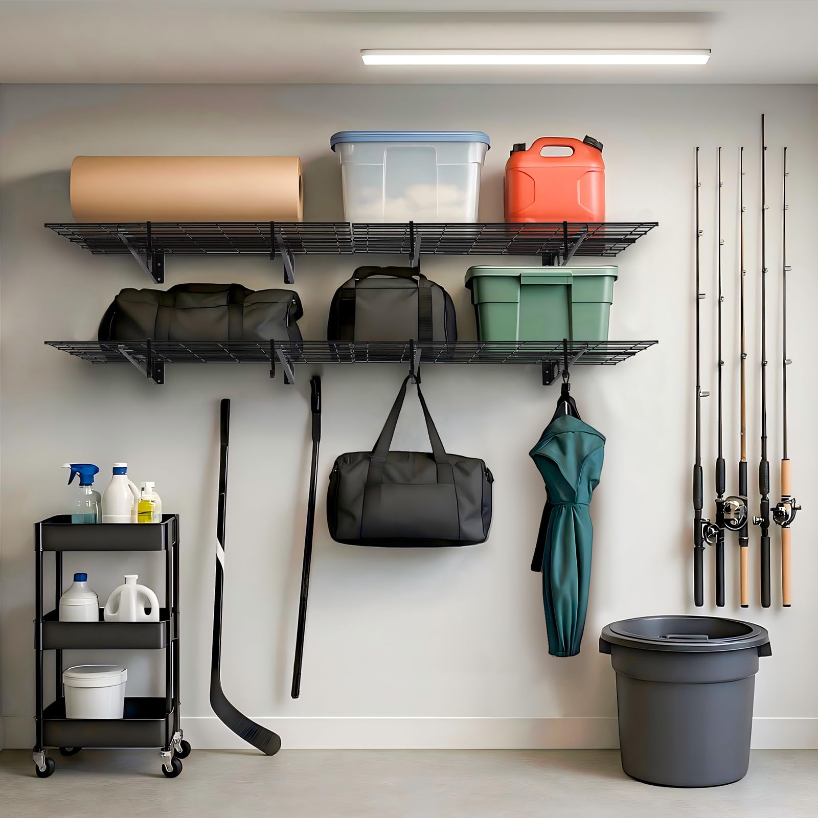 Schwerlast Wandregal 2er Set für Garage, Metall-Gitterregal, 400 kg Tragkraft pro Regal, inkl. Haken, Schwebendes Aufbewahrungsregal für Sport- und Werkstattausrüstung, 182 x 60cm, Schwarz