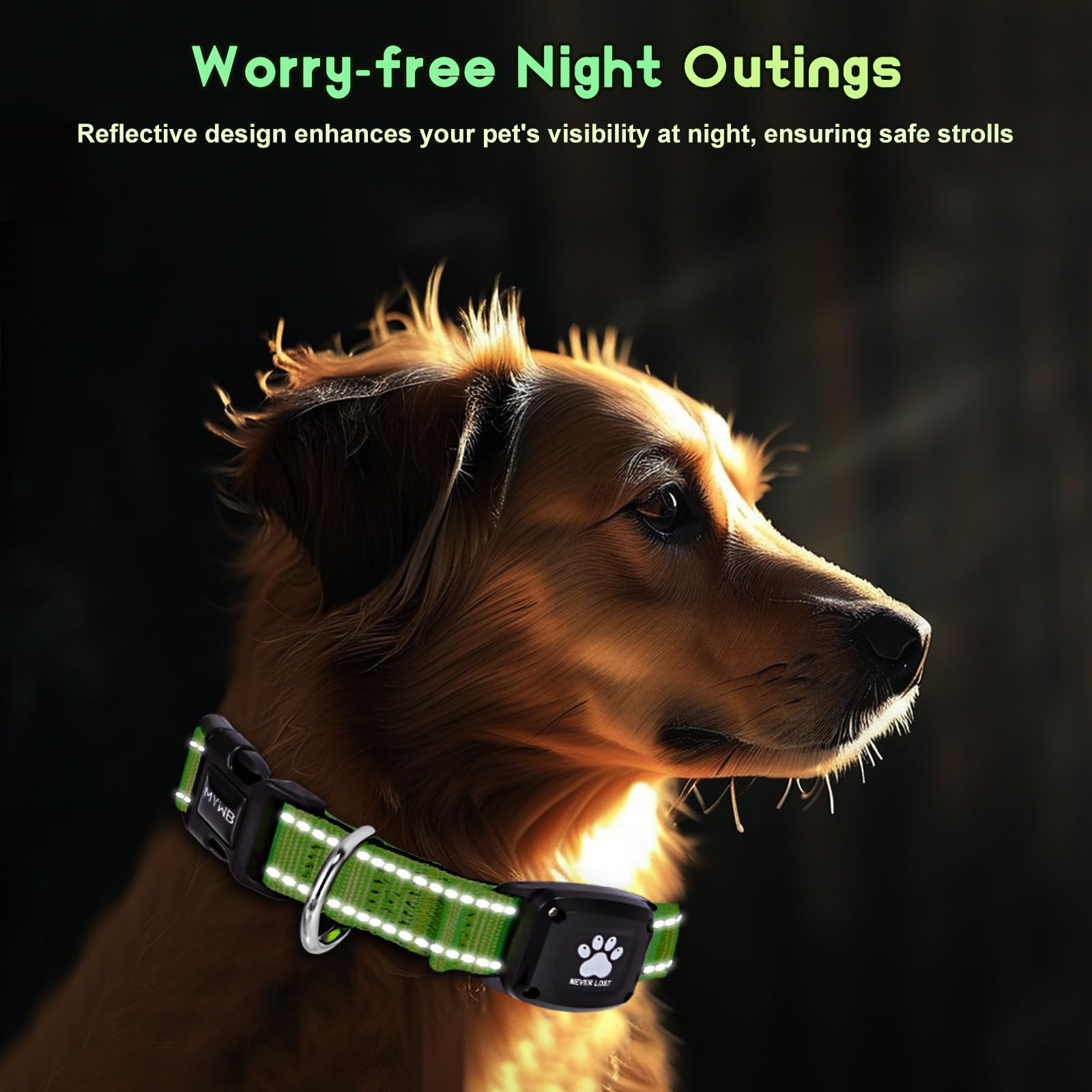 Myiwb GPS Dog Collar Tracker 2-in-1,Reflective Waterproof Pet Collar,iOS-Only,No Monthly Fees,Unlimited Range,Ideal for Dog Tracking pet Tracker,for Small Dogs(S (12.6"-16.5" Width:0.78"), Green) - image 4