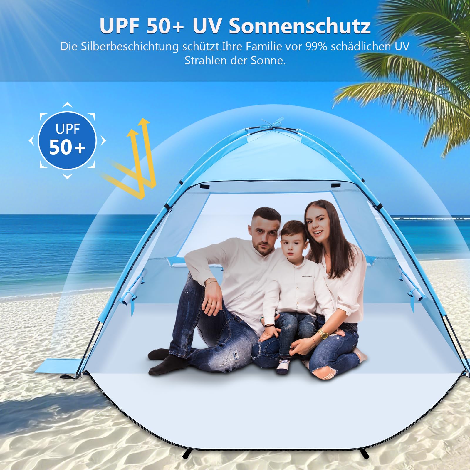 Strandmuschel für 1-3 Personen, Strandzelt mit UV-Schutz 50+ Windschutz, Stabiles Sonnenschutz Strand Zelt, Beach Tent with Carry Bag mit kleines Packmaß für Baby Kinder Familie Camping Garten Strand