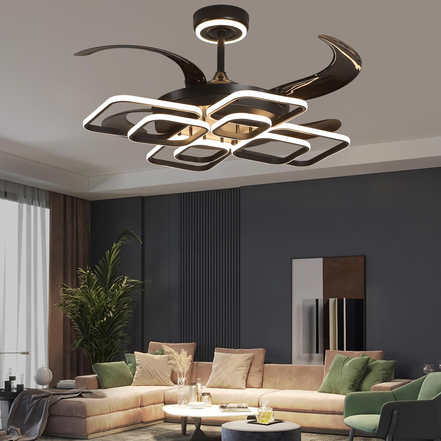 48 Inch Chandelier Ceiling Fans with Lights and Remote, Retractable Fandelier Ceiling Fan for Bedroom Indoor Decoration, 3 Color Changeable, Dimmable with App, Timer Setting (Black DCFS25001)