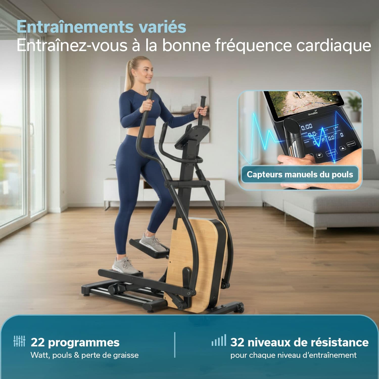 Skandika Vélo elliptique Treliv P22 | Vélo elliptique d'appartement avec éléments en Bois, 32 Niveaux, 22 programmes, Frein magnétique, Compatible avec Kinomap, Bluetooth, Max 135KG