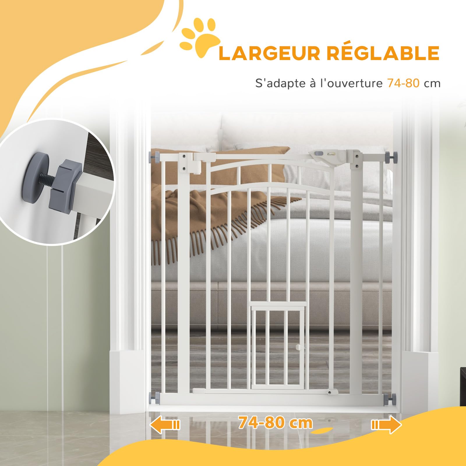 PawHut Barrière de sécurité Chien, barrière d'escalier à Fixation par Pression sans percer, Porte Fermeture Automatique, système de Double Verrouillage, 74 à 80 cm, Acier, Blanc | Barrière d'Escalier, Sans Percer, Porte Fermeture Automatique, Système de D