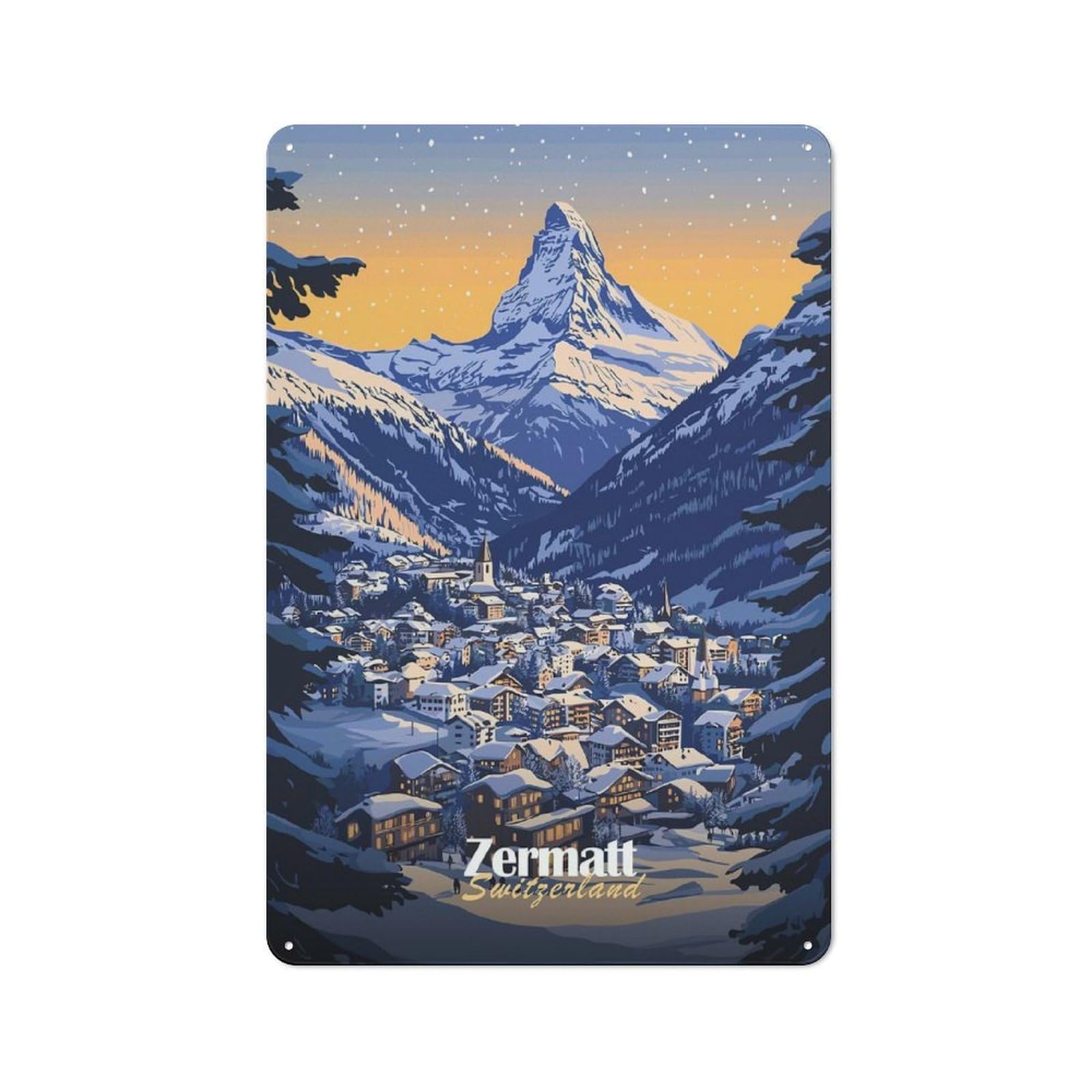 Junmoney Style-2 Retro Metal Wall Sign 30X20cm With Zermatt Switzerland Mountain Village For Workshop Wall, For Kitchen, Dining Room And Home Bar Wall Decor