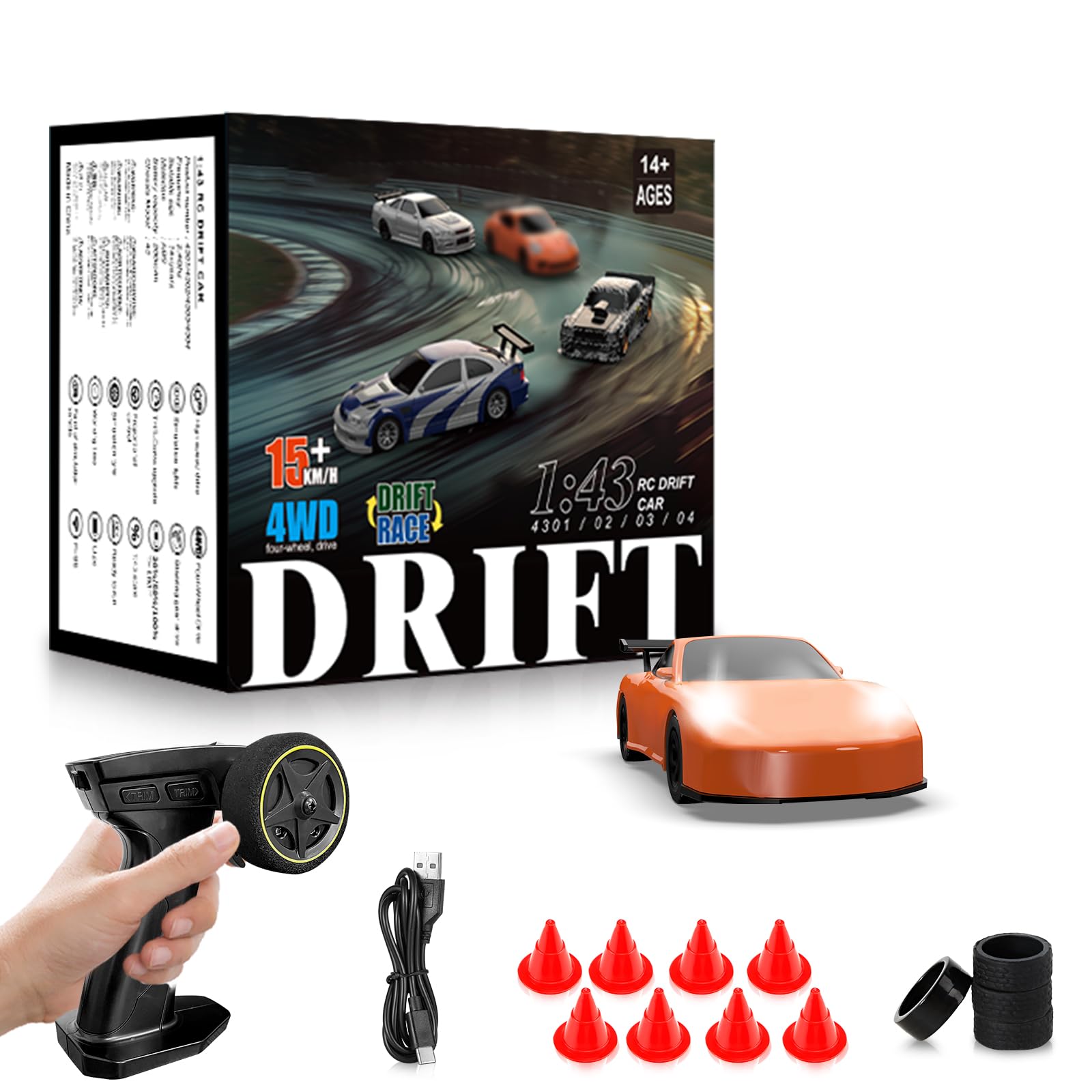 RC Drift Car, 1/43 Scale 4WD High Speed Race Car with Lights, Replacement Tires, RC Model Cars Toy Gift for Kids, Boys, Girls (Orange)