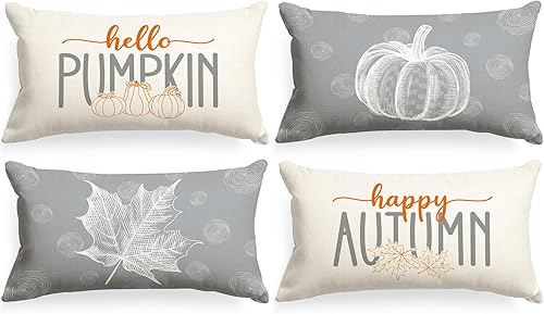 Miniatura 7 de Ywlake Juego de 4 fundas de almohada de otoño de 16 x 16 pulgadas, diseño de calabaza y hojas de arce decorativas para días festivos de 16 x 16