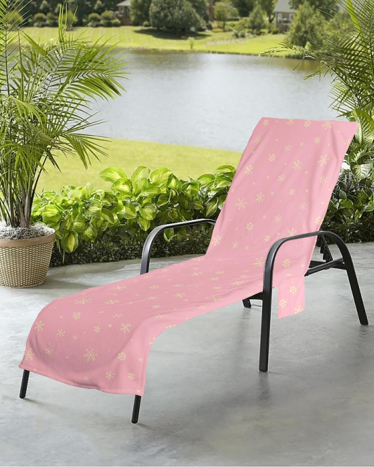 Pink Snowflake Beach Chair Towel Covers for Chaise Lounge with Side Pocket, Soft Plush Pool Towels Cover for Patio Sunbathing Outdoor 29''x85'' Christmas Blush Gold Snowflake